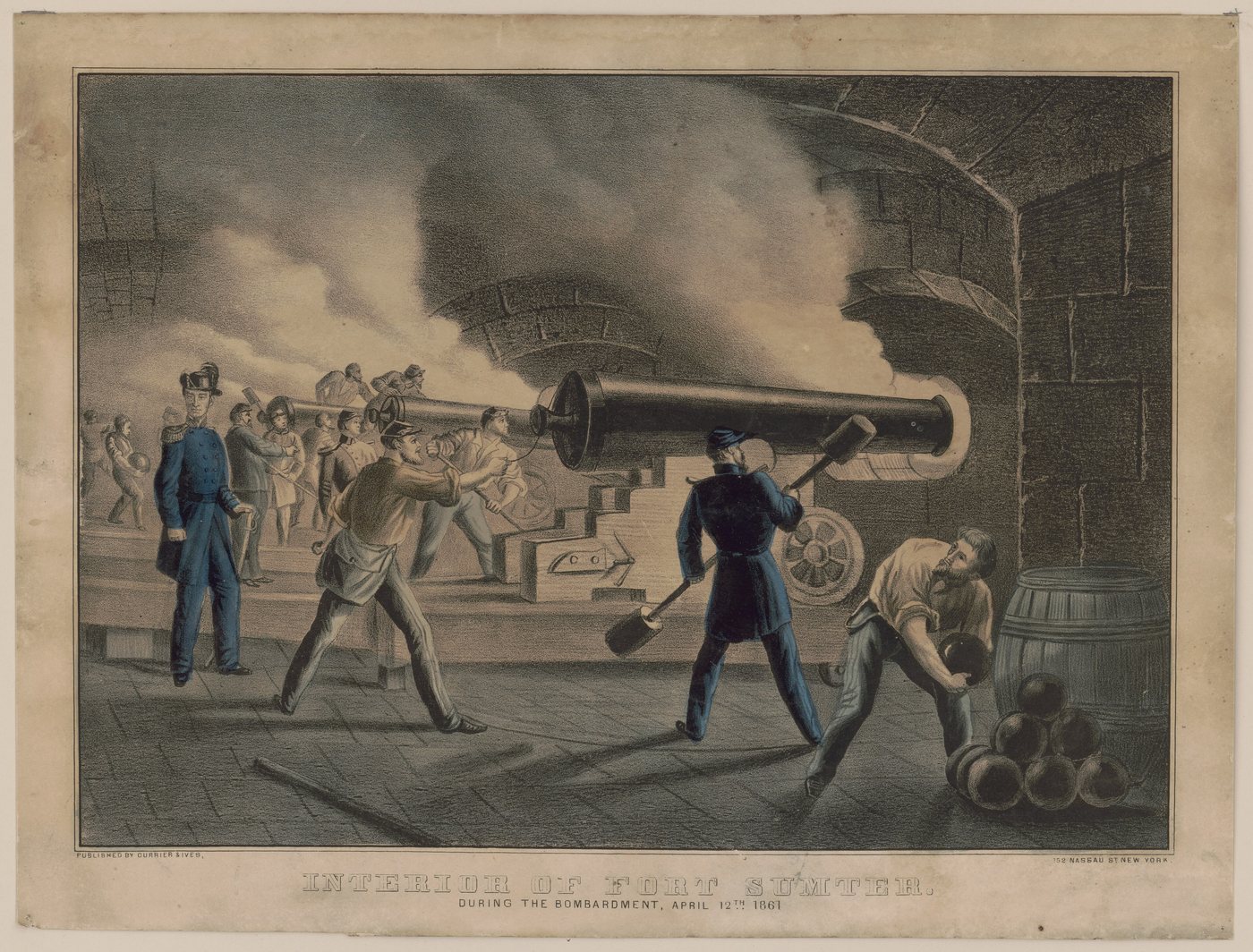Lithograph of Union soldiers loading a large cannon inside a smoky brick casemate