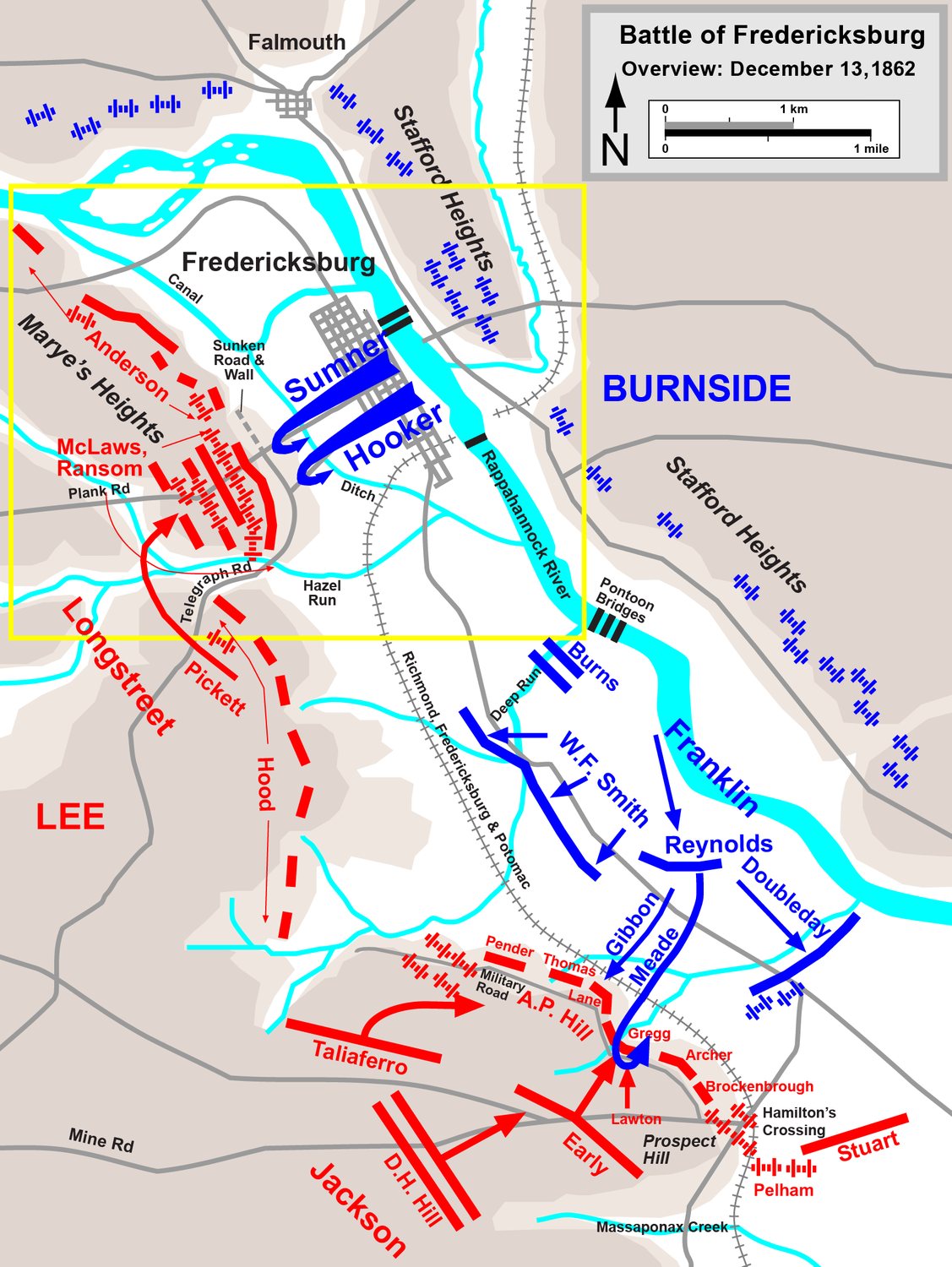 Map of the Fredericksburg battlefield with the river crossings and the Confederate line on the heights