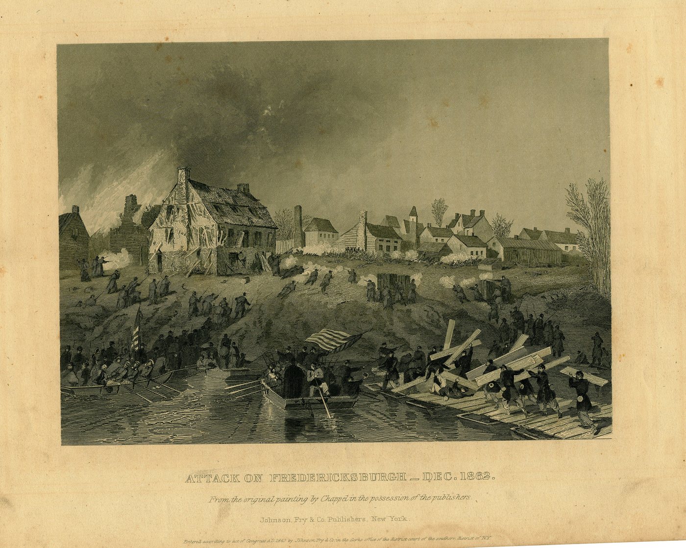 Print of soldiers in boats crossing a river toward a burning town as a pontoon bridge is built