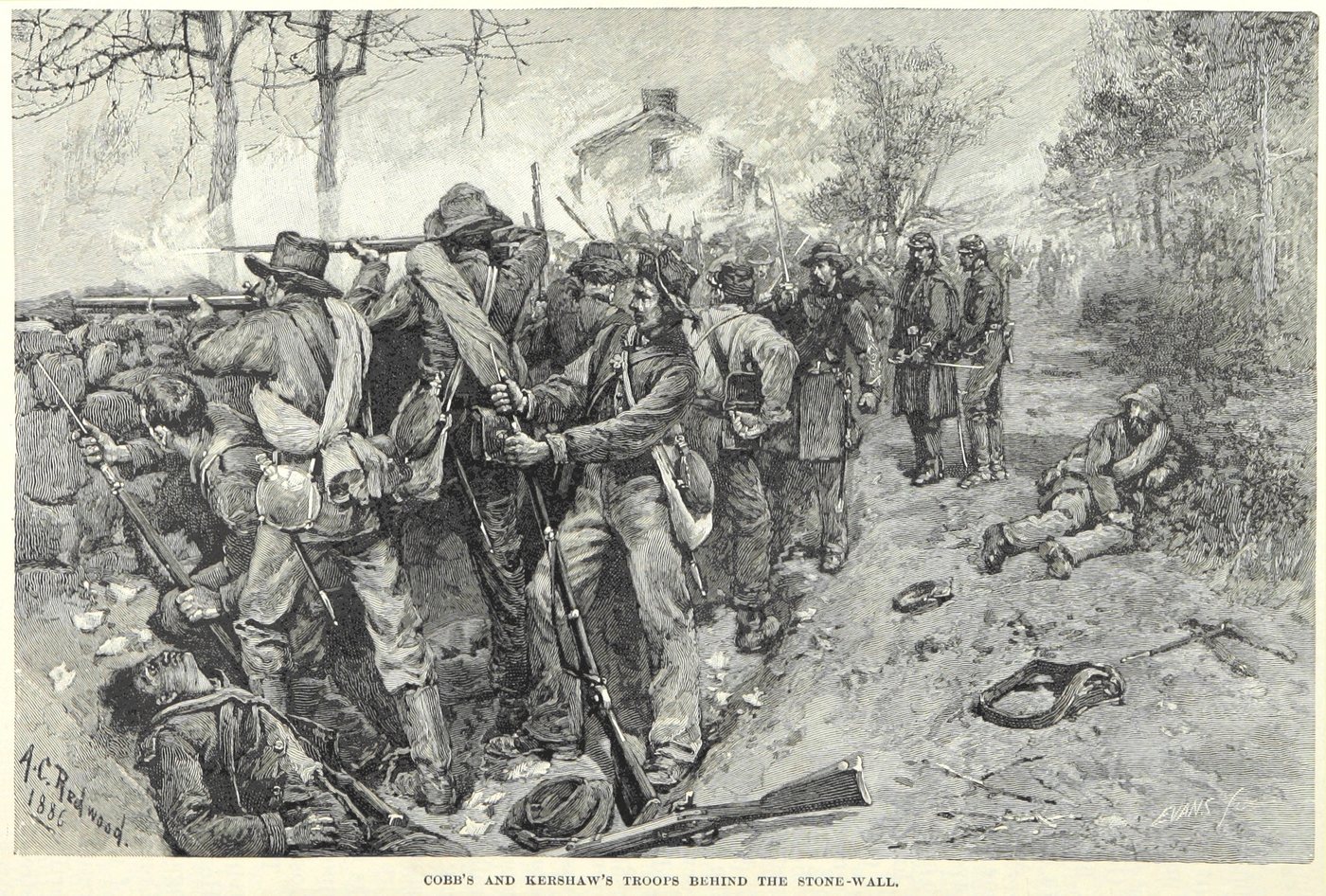 Drawing of Confederate infantry firing over a stone wall in a sunken road