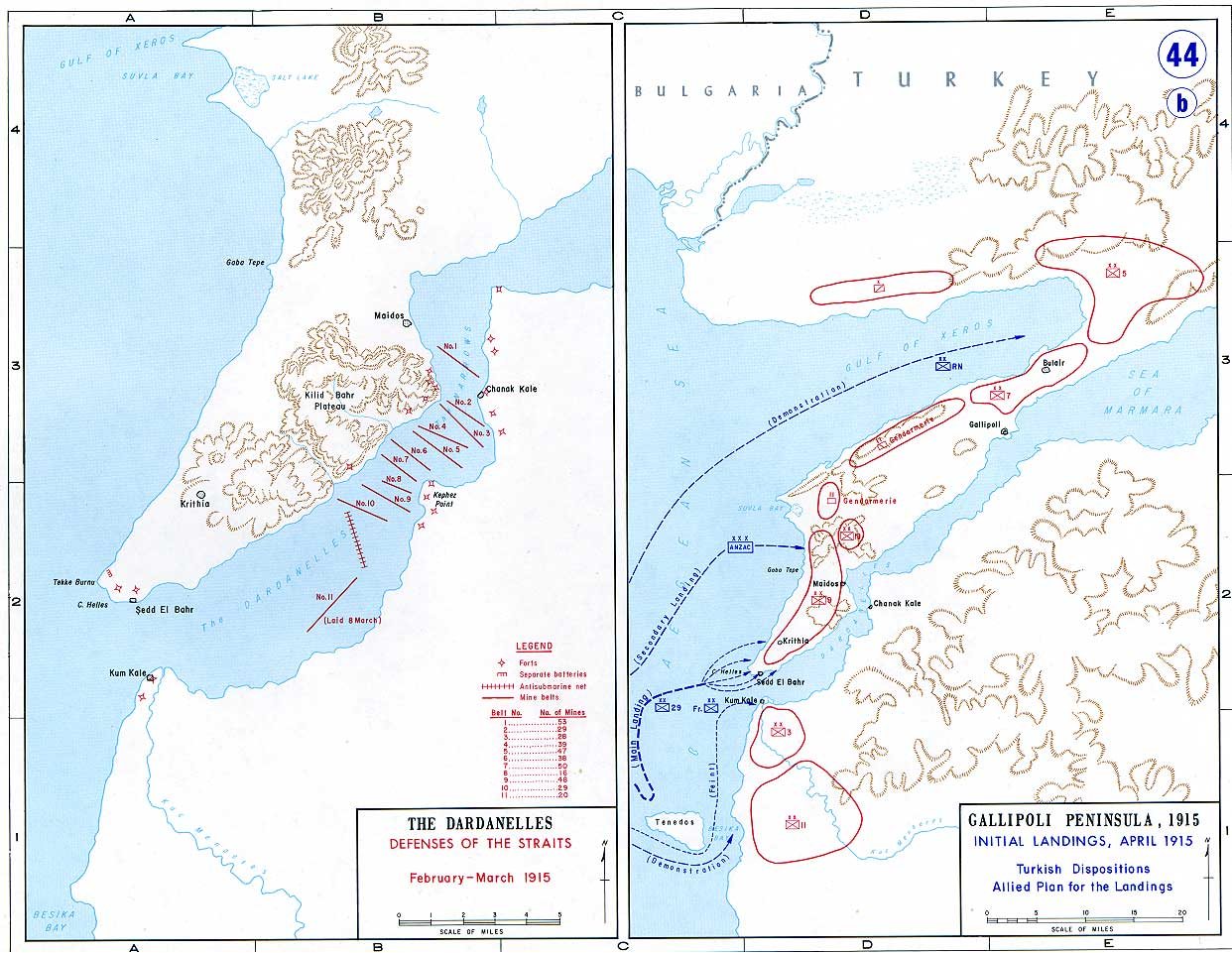 Two maps of the Dardanelles strait and the Gallipoli peninsula with forts, minefields and landing beaches