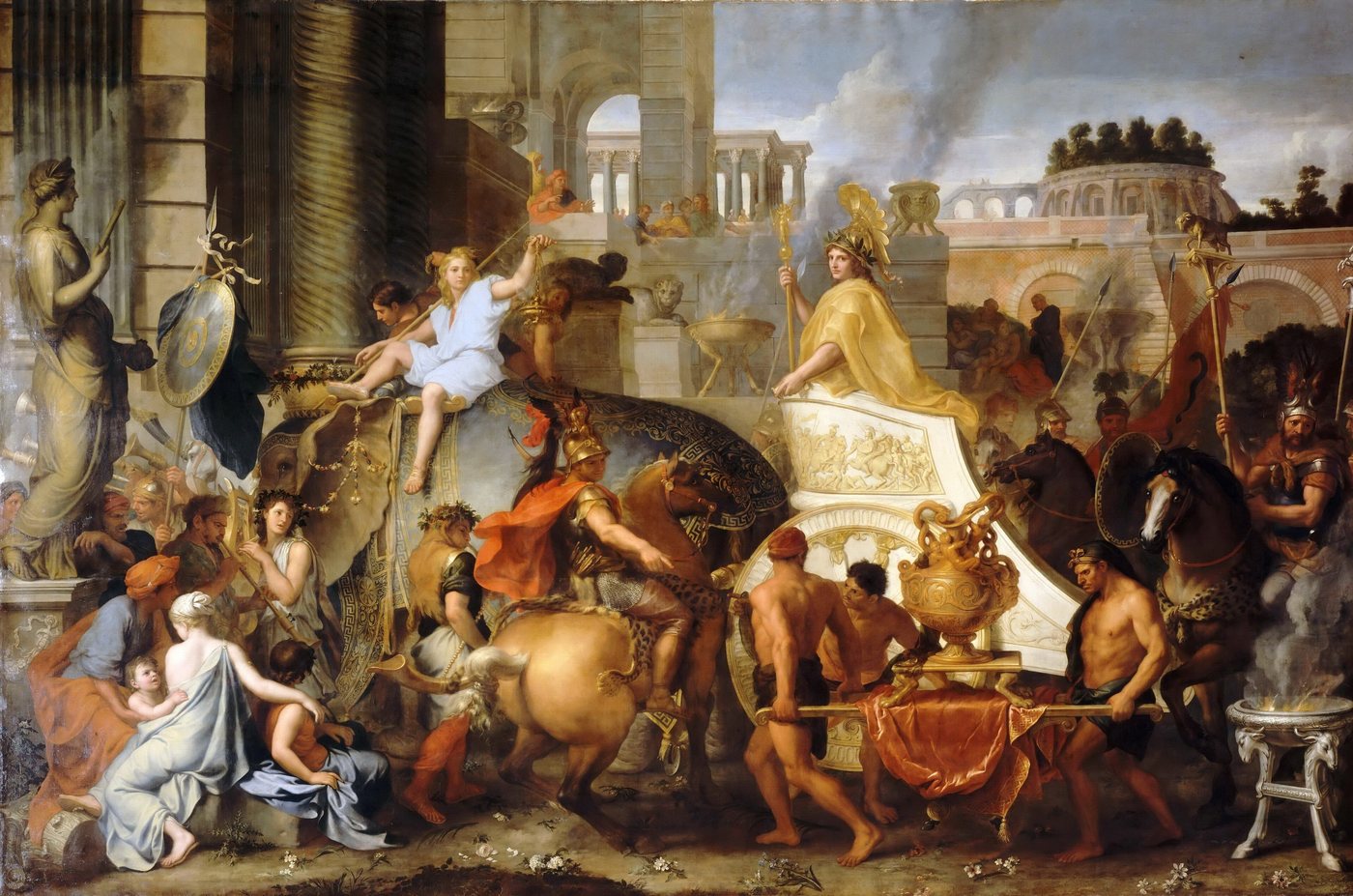 Baroque painting of Alexander riding into Babylon on a chariot drawn by an elephant