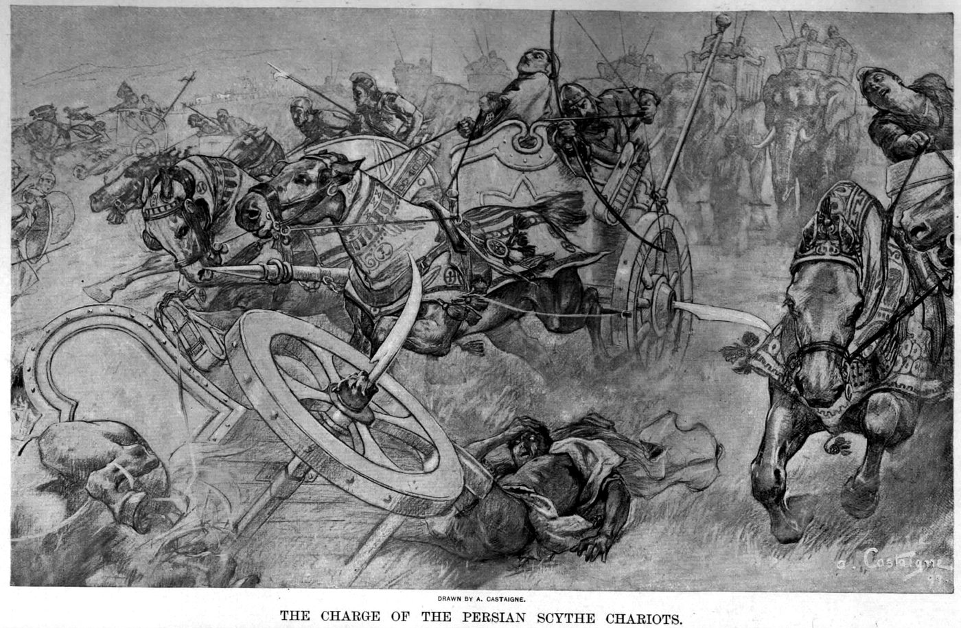 Engraving of Persian chariots with scythed wheels charging into battle