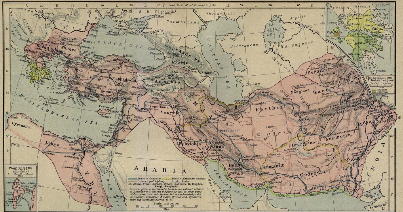 Historical map of Alexander's empire from Greece and Egypt to India