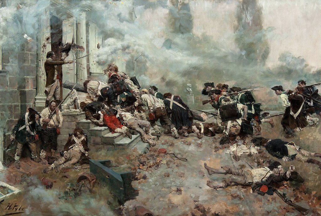 Painting of Continental soldiers attacking the steps of a stone house amid smoke