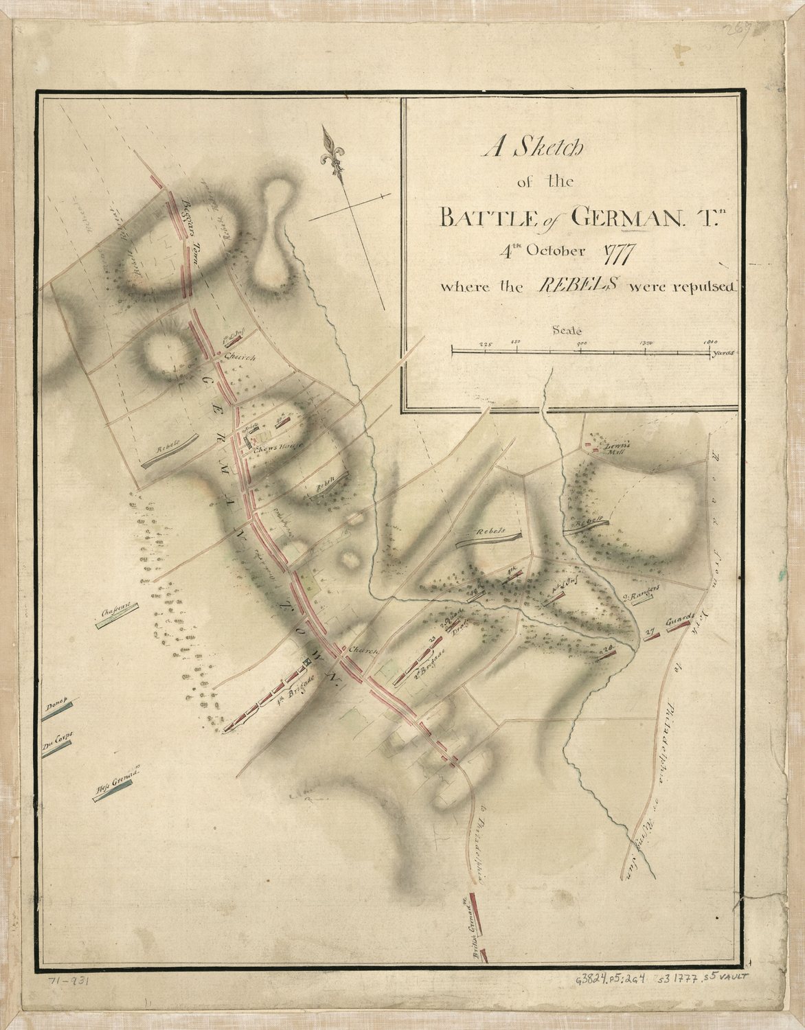 Hand drawn eighteenth century map of the Germantown battlefield with hills shown by shading