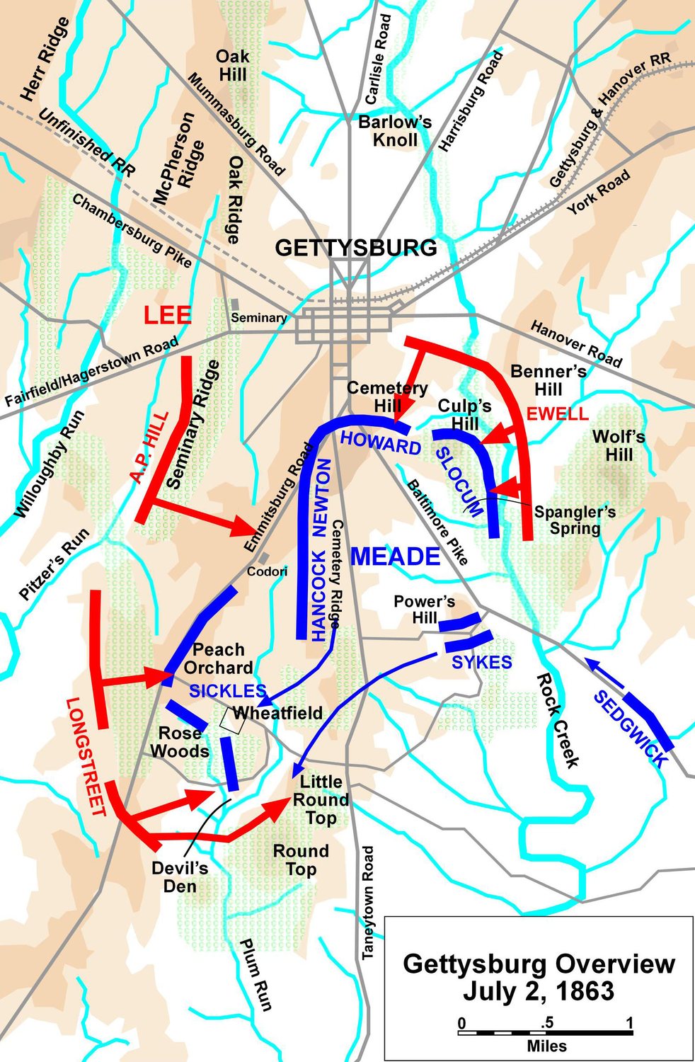 Map of the Gettysburg battlefield on 2 July 1863 with the Union line curved like a fishhook