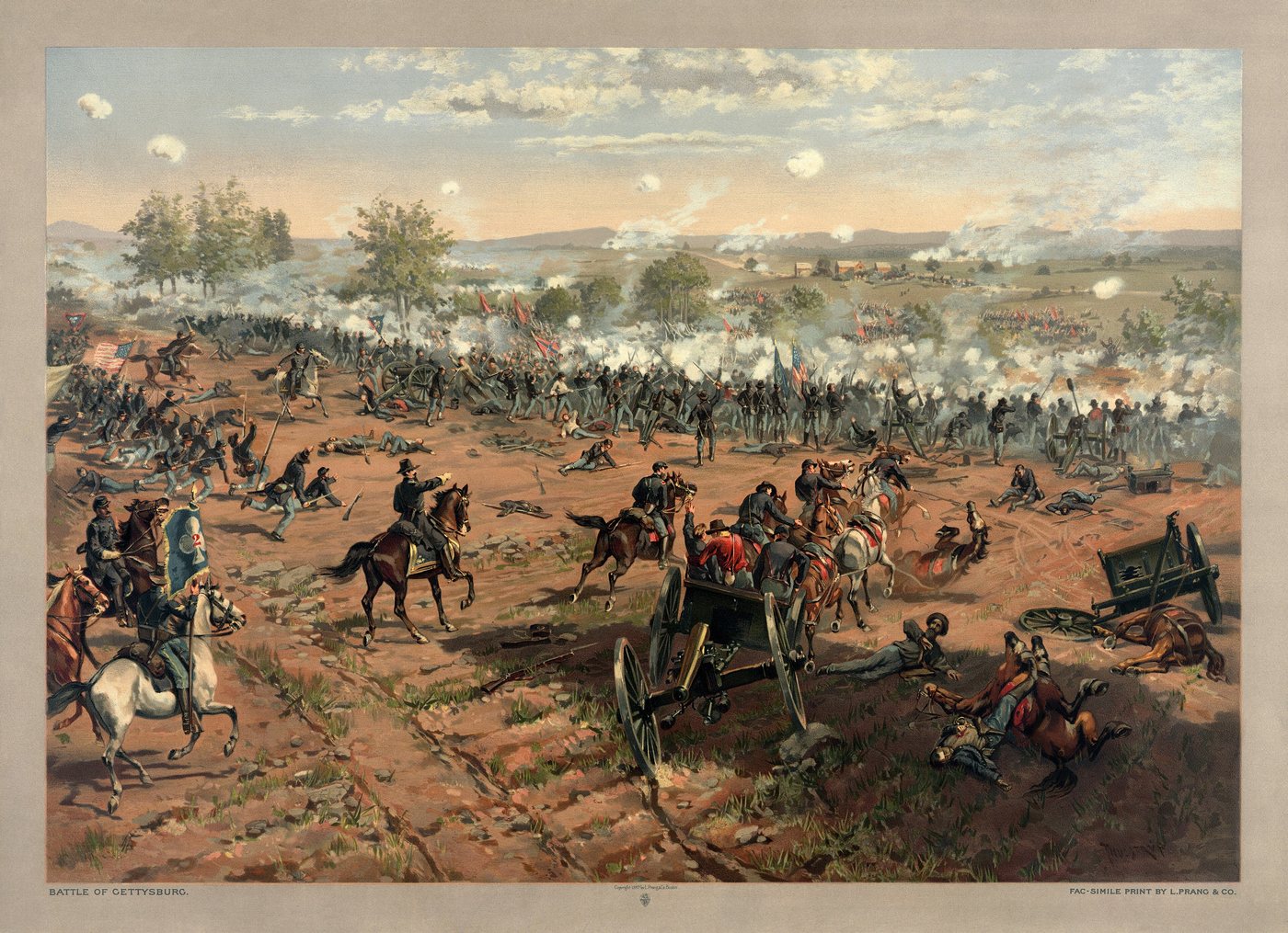 Painting of Confederate infantry assaulting a Union line at a stone wall amid smoke