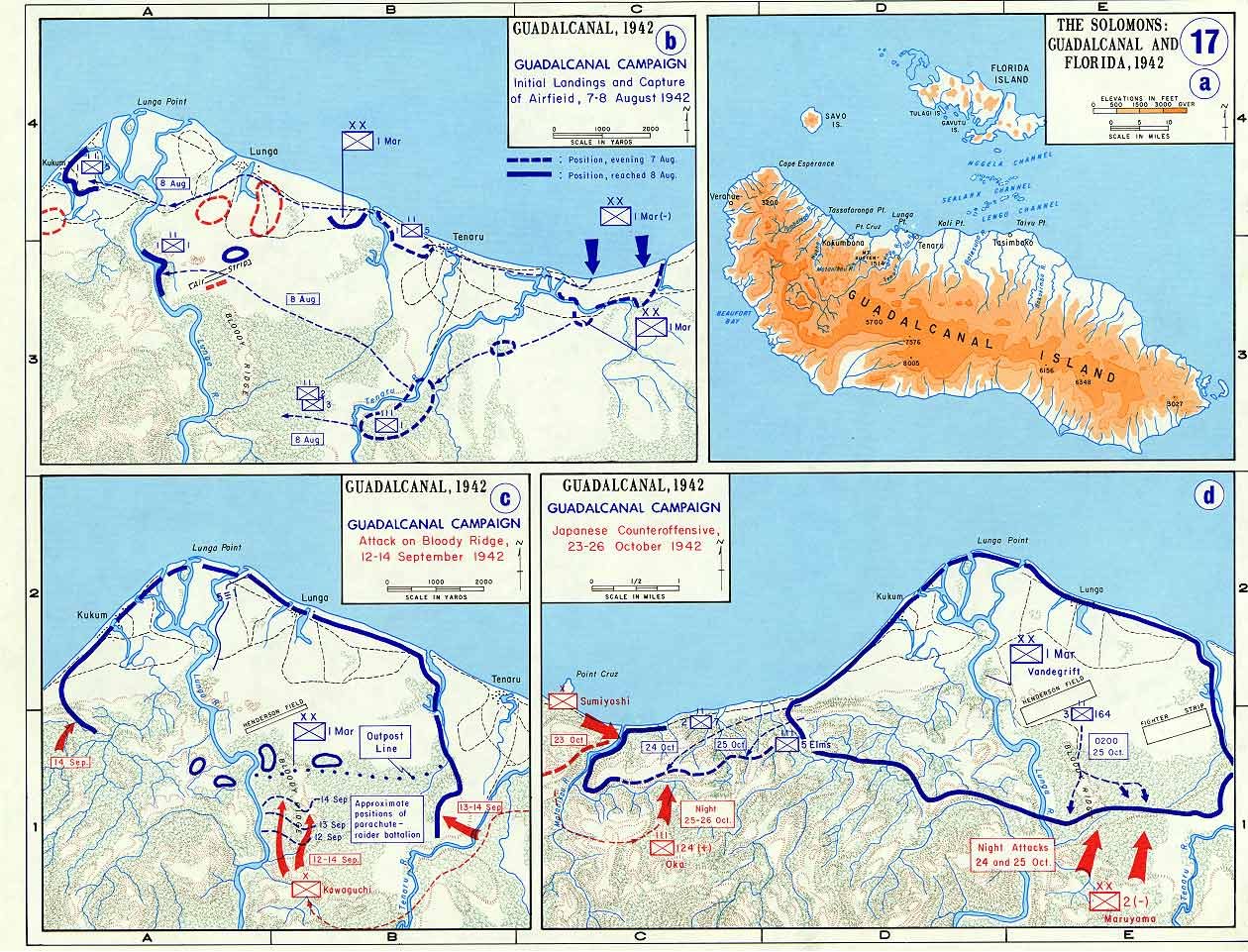 Four maps of Guadalcanal showing the landings and the battles around the airfield