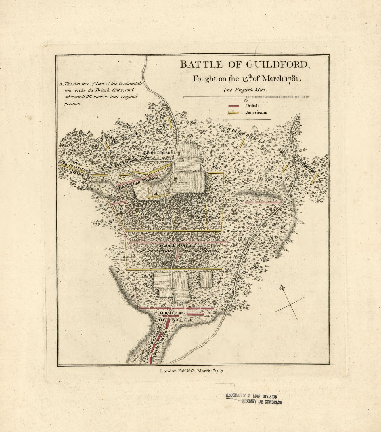 Eighteenth century hand coloured map of the Guilford Courthouse battlefield with troop positions