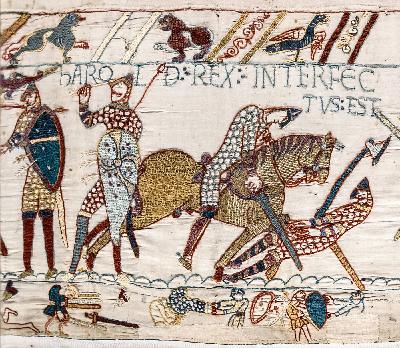 Bayeux Tapestry scene of the death of King Harold with the Latin inscription above