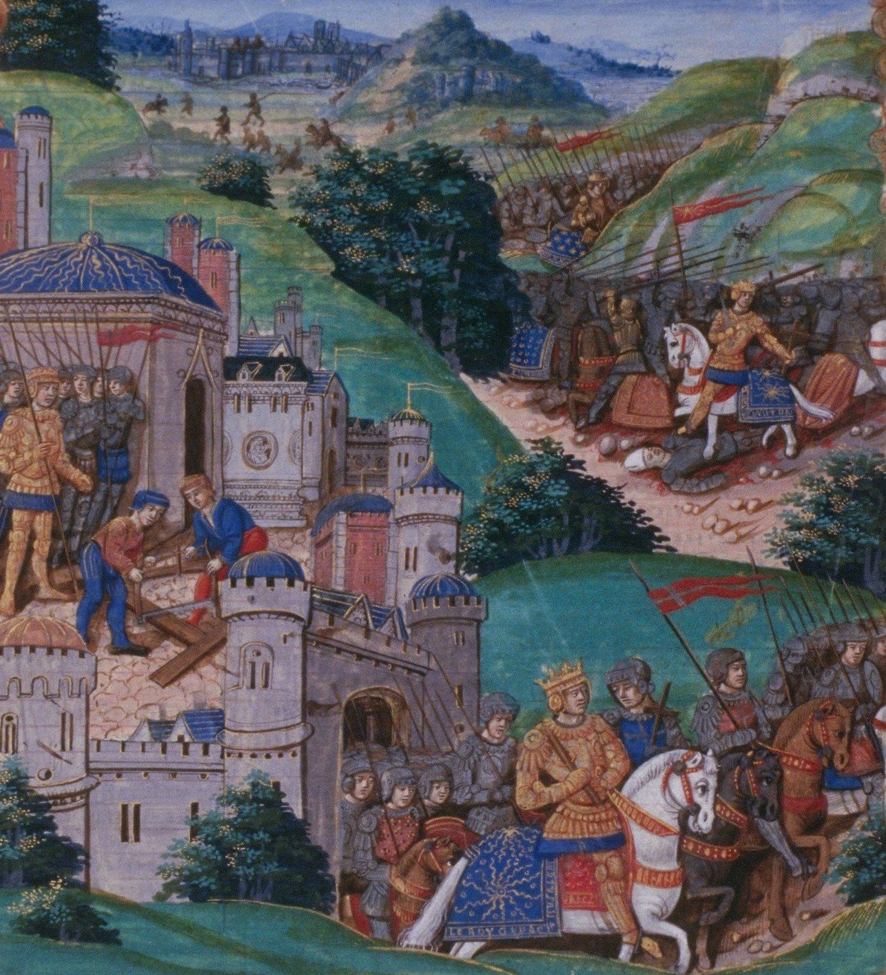 Medieval miniature of a crowned king on horseback leading an army out of a castle
