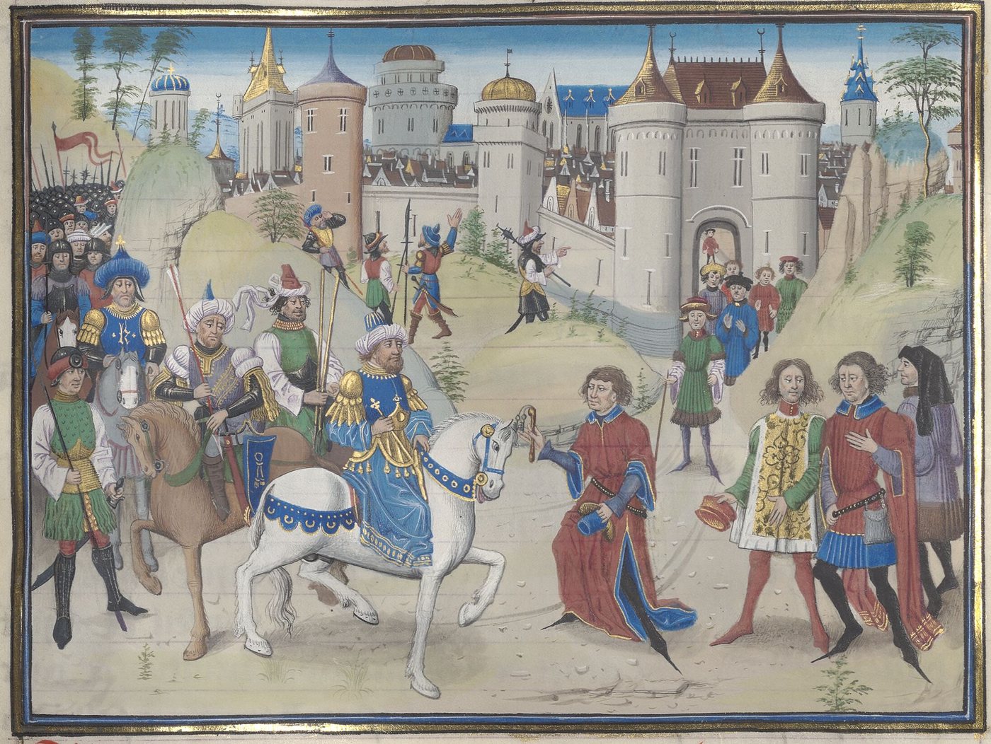 Medieval miniature of a mounted sultan before city gates receiving kneeling envoys