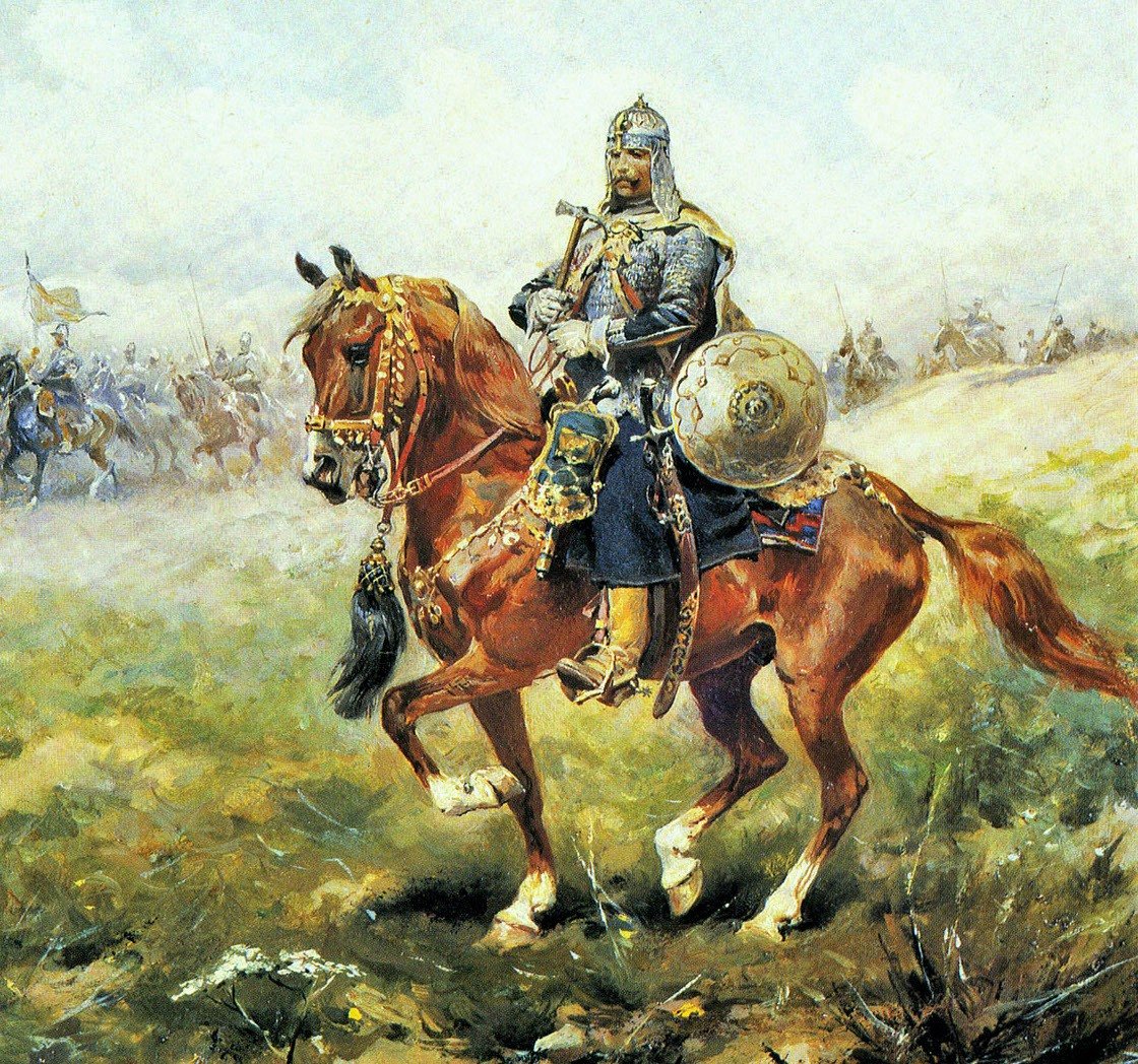 Painting of a Polish armoured cavalryman in mail on horseback