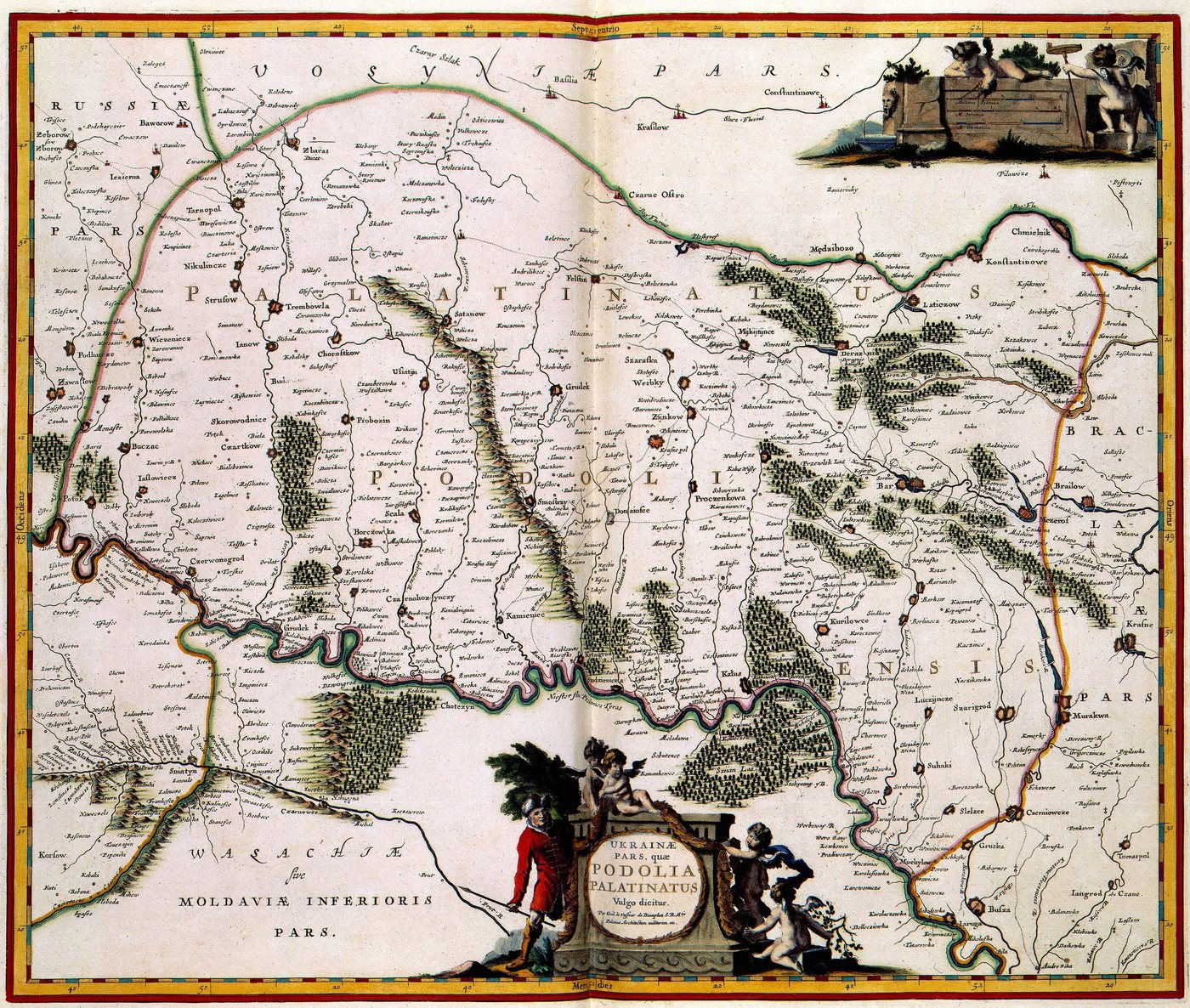 Seventeenth century map of Podolia with rivers, towns and a decorative cartouche