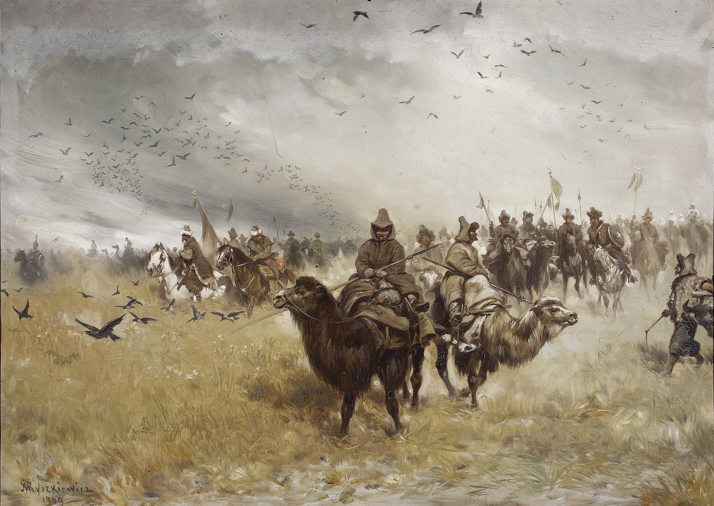 Painting of Tatar horsemen galloping across the steppe