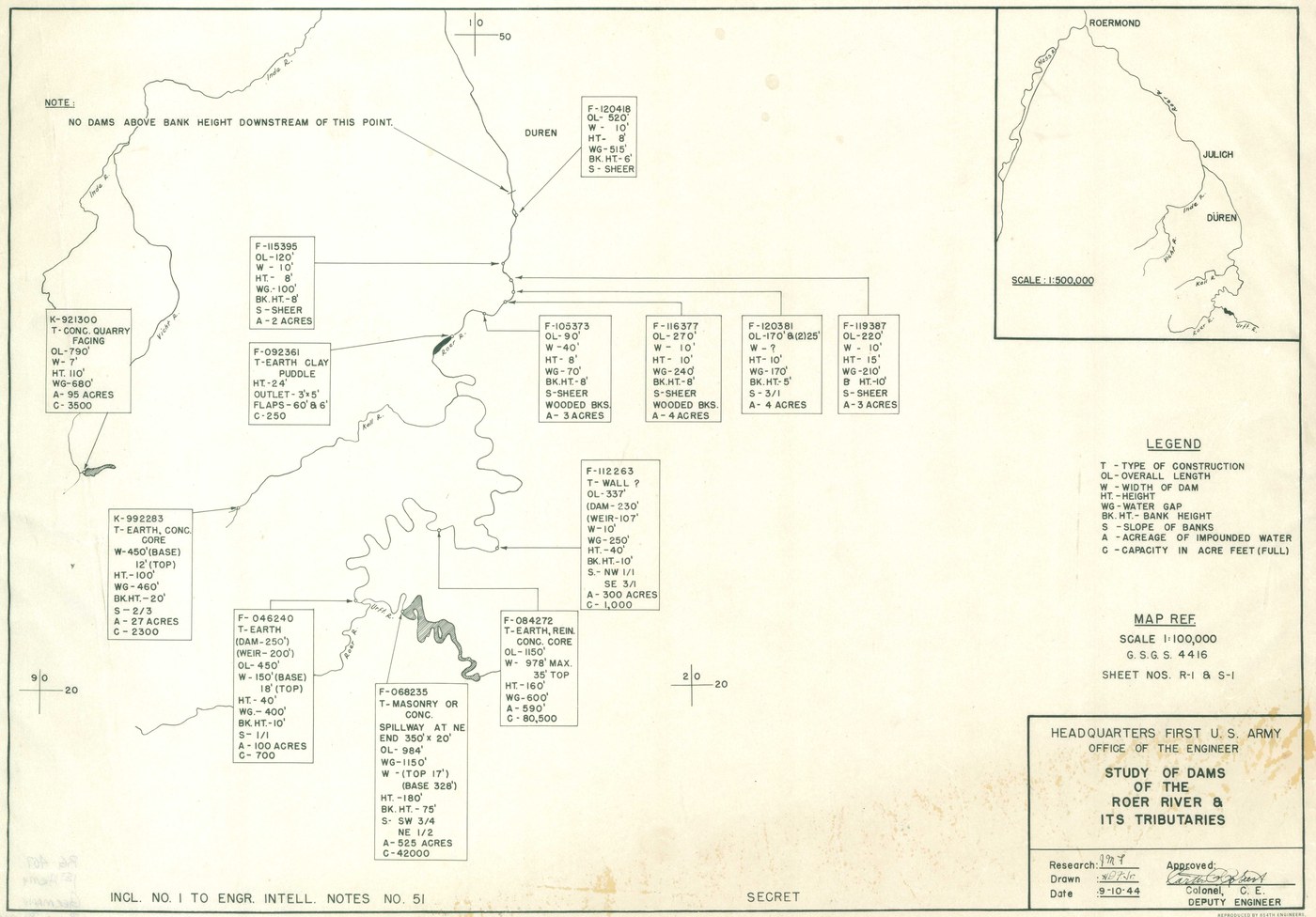 Kremowa mapa inżynieryjna z 1944 roku przedstawiająca bieg rzeki Rur i jej dopływów od gór Eifel na północ za Düren, z ramkami danych wskazującymi kolejne zapory, małą mapką rzeki aż do Roermond, legendą i tabliczką tytułową dowództwa 1. Armii USA