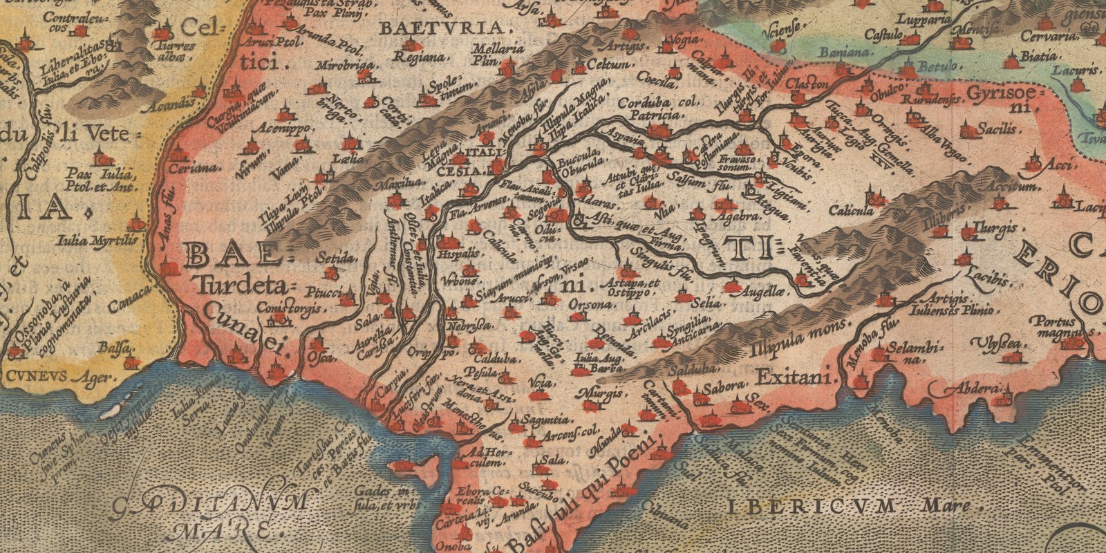 Detail of a hand-colored sixteenth-century map of ancient southern Spain: the river Baetis winding from the mountains in the east past towns marked with small red buildings, labels in Latin such as Corduba, Hispalis, Italica, Carmo and Gades, a band of brown mountains to the north and the sea along the bottom