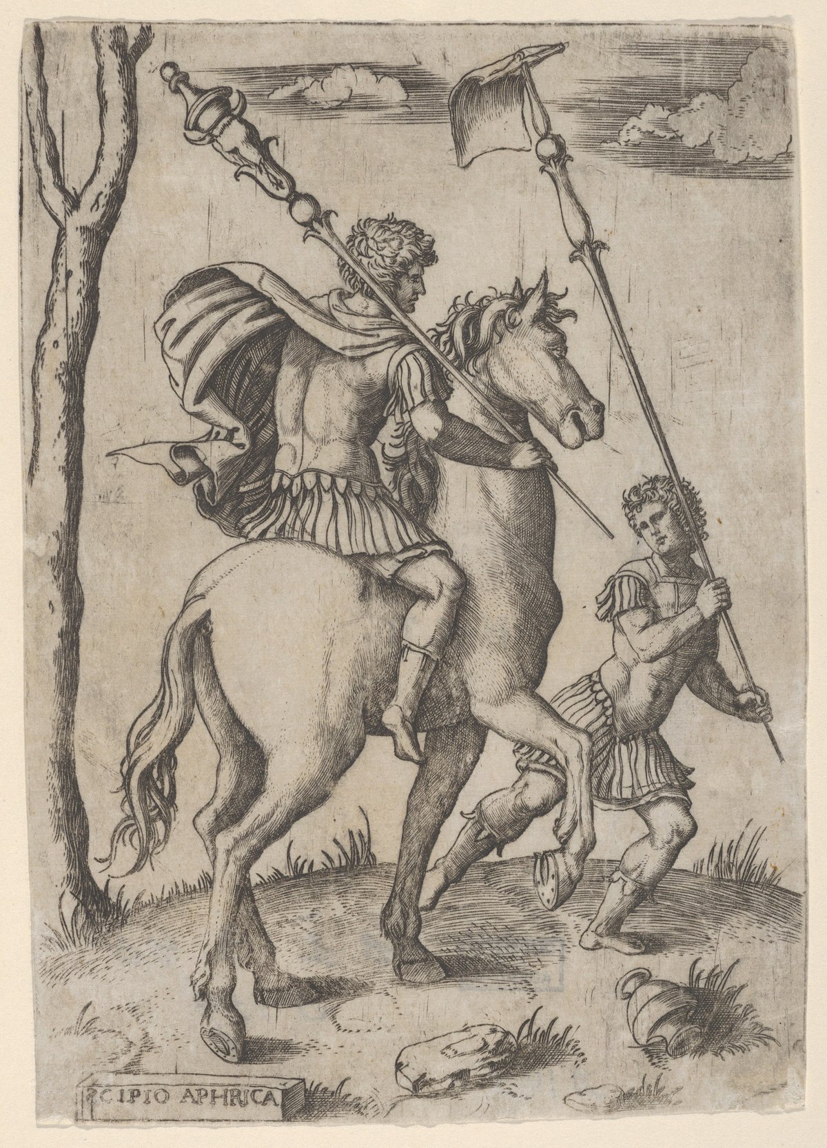 Renaissance engraving of a young man in Roman armor and a billowing cloak on a rearing horse, holding a staff over his shoulder, with a foot soldier striding beside him carrying a standard with a flag; a bare tree at left and an inscription reading SCIPIO APHRICA on a stone block at the bottom