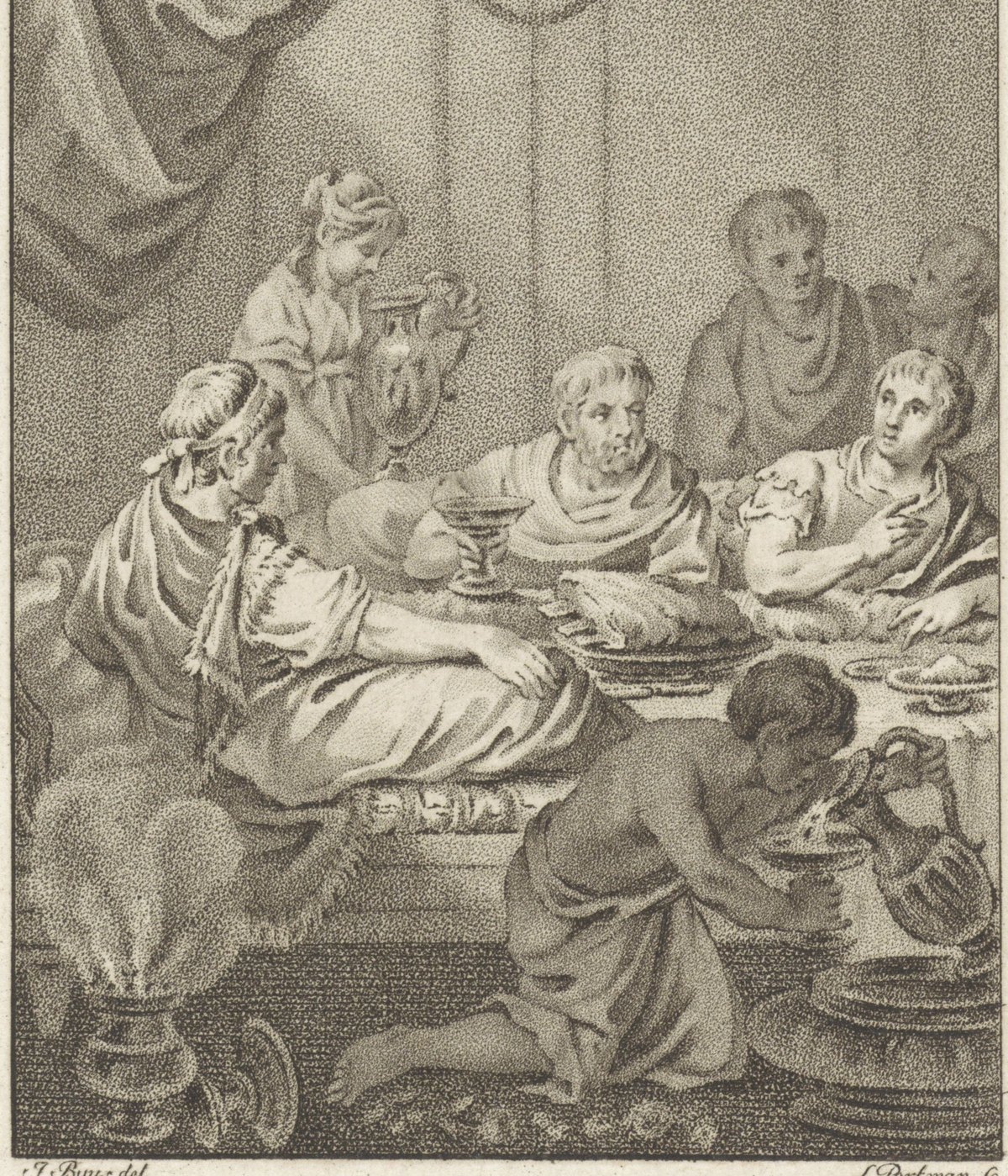 Stipple engraving of a banquet under a draped curtain: three men recline at a table with cups and a dish, a bearded man in the middle and a younger man at right pointing to himself, while a woman pours from a vase behind them and a kneeling servant fills a bowl from a jug in front