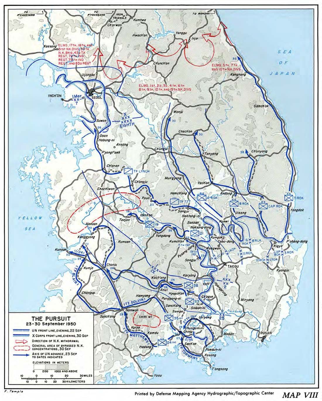 Map of Korea showing the Inchon landing and the advance from the Pusan Perimeter in September 1950