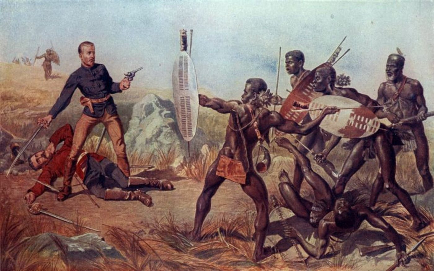 Two British officers fighting off Zulu warriors armed with spears and cowhide shields