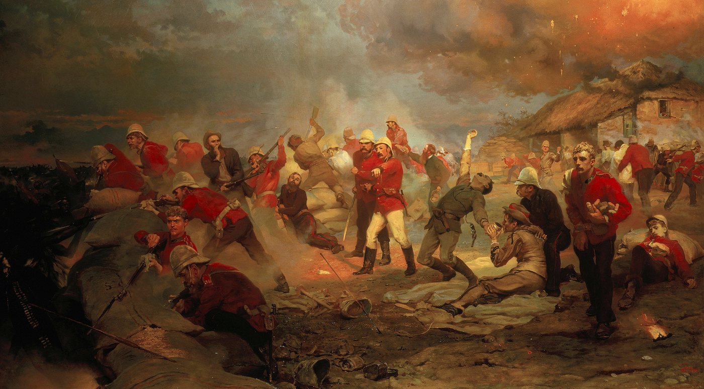 Painting of redcoat soldiers fighting by firelight behind barricades at a mission station