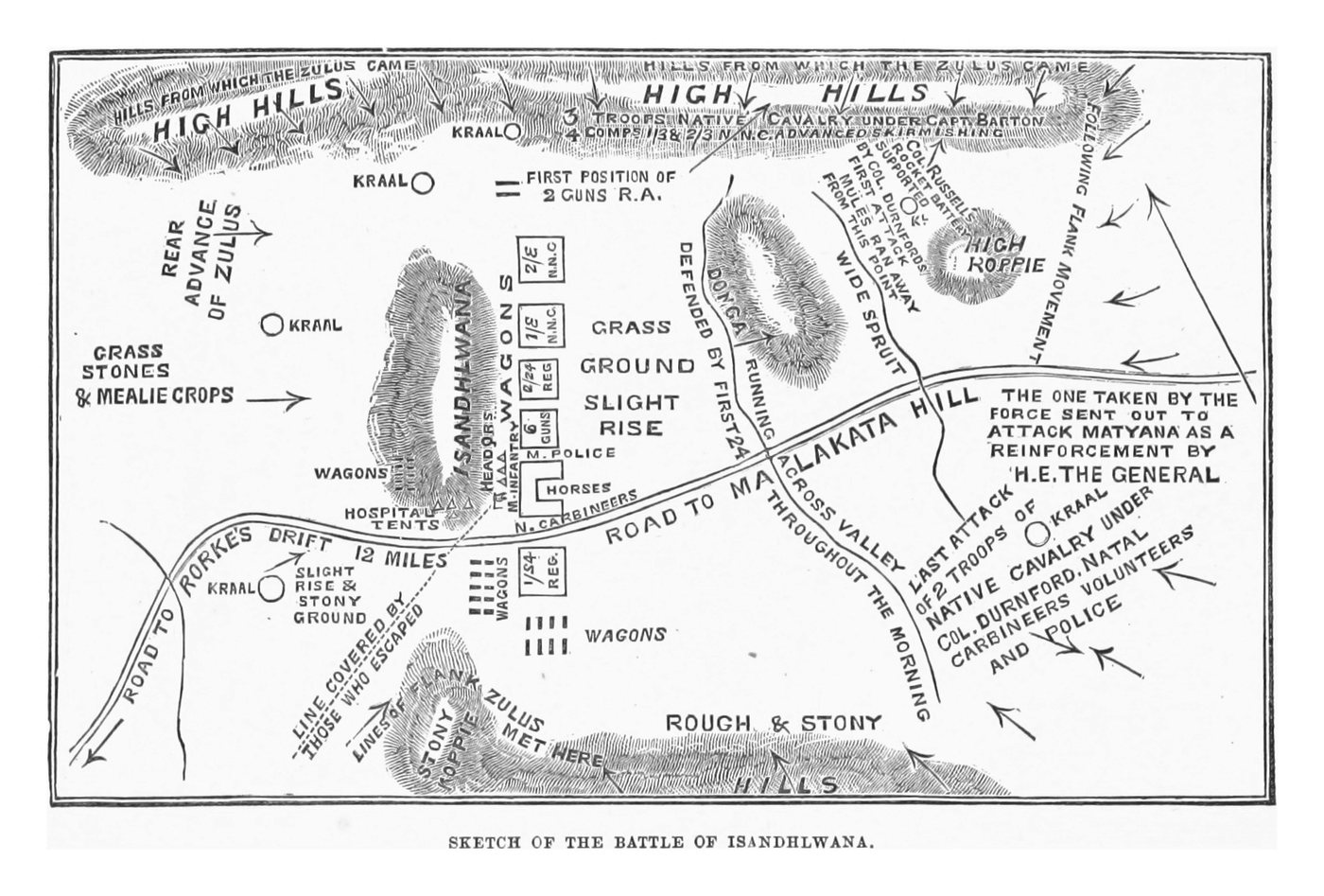 Black and white sketch map of the Isandlwana camp with arrows marking the Zulu attack