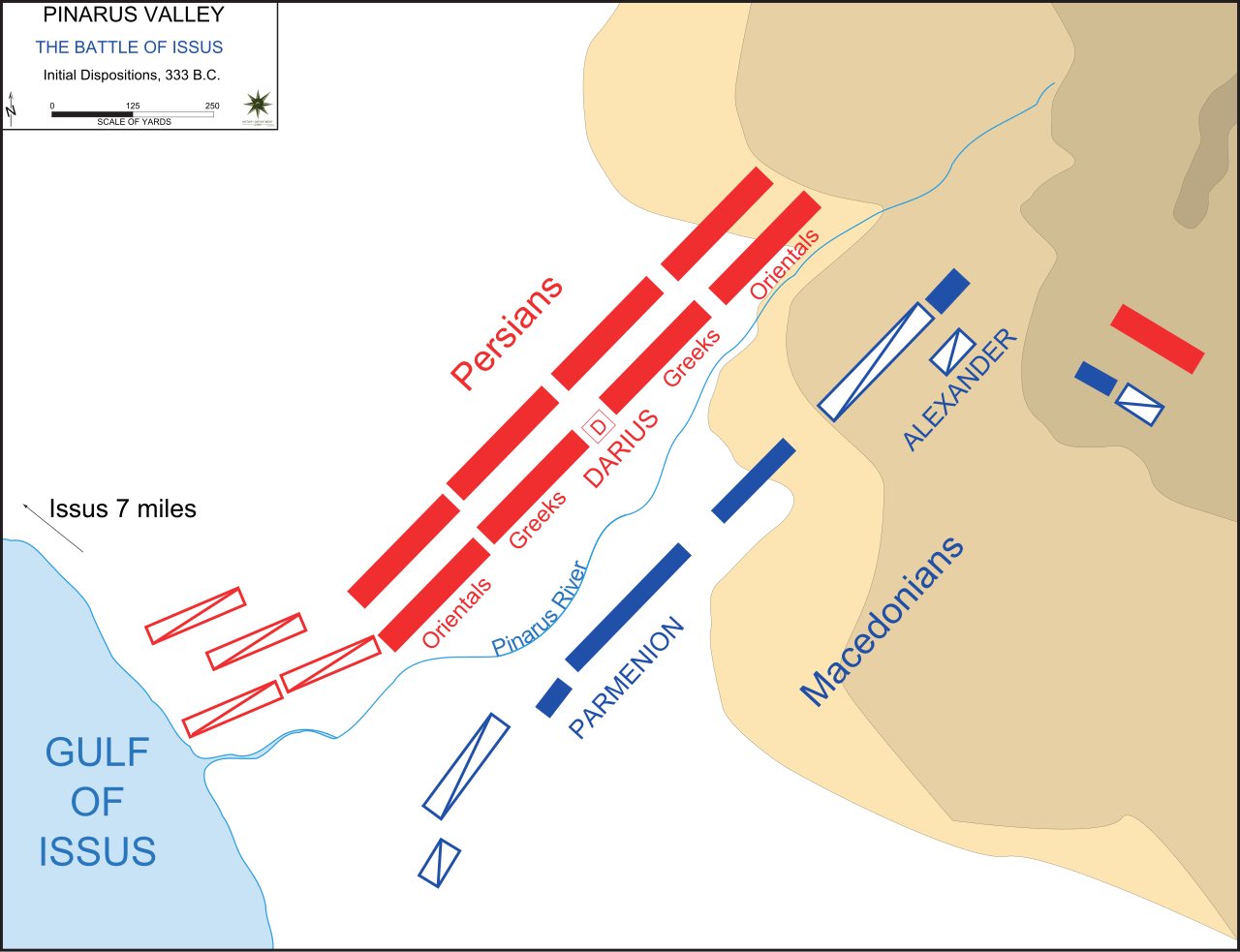 Battle map with red Persian and blue Macedonian lines facing each other across a river near the coast