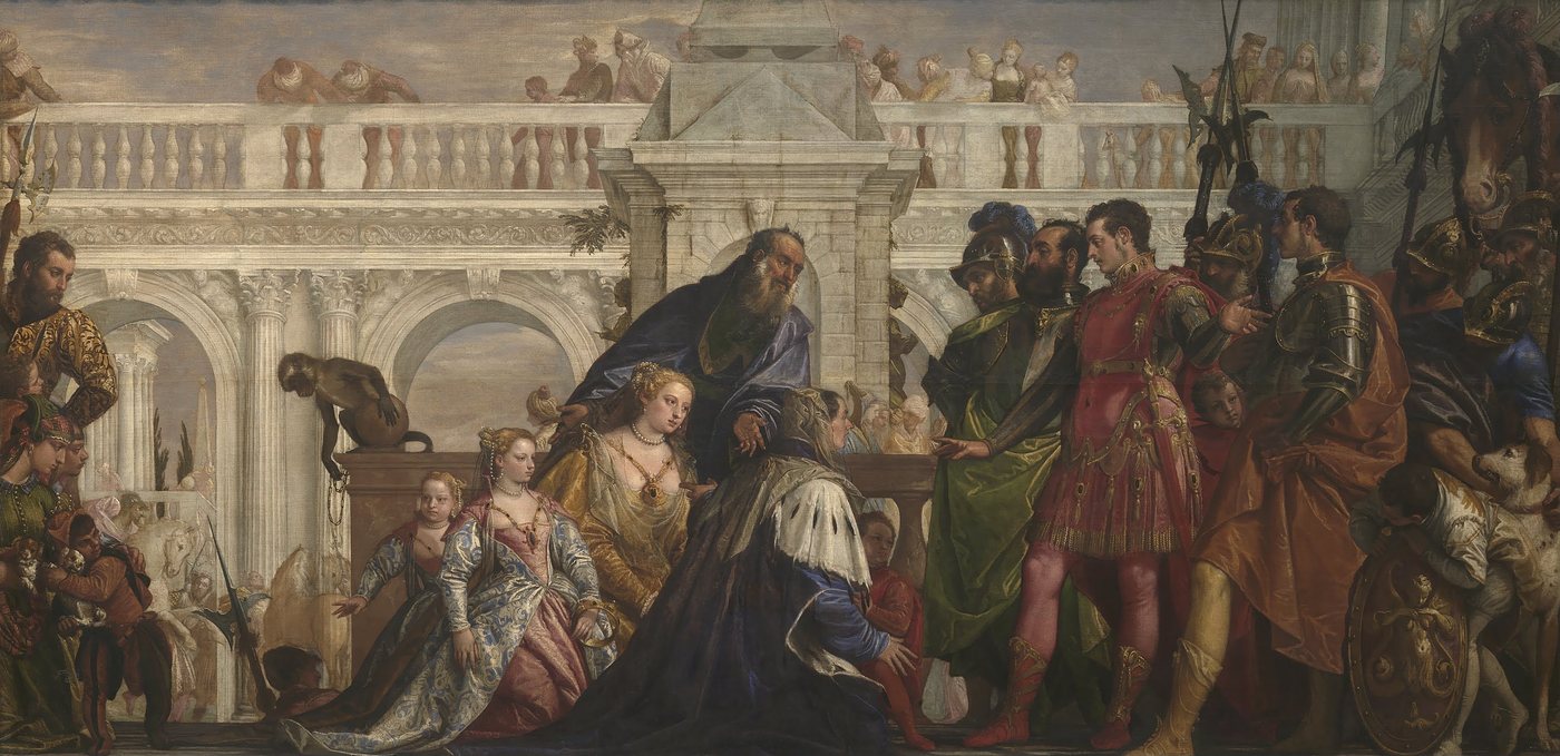 Renaissance painting of richly dressed women kneeling before armoured commanders in a palace courtyard
