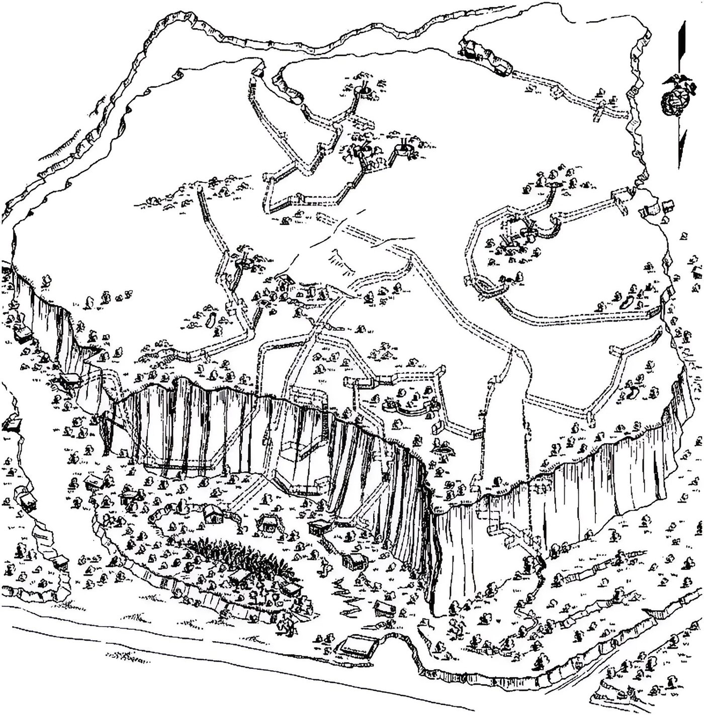 Line drawing of a rocky hill cut through with a network of tunnels and entrances