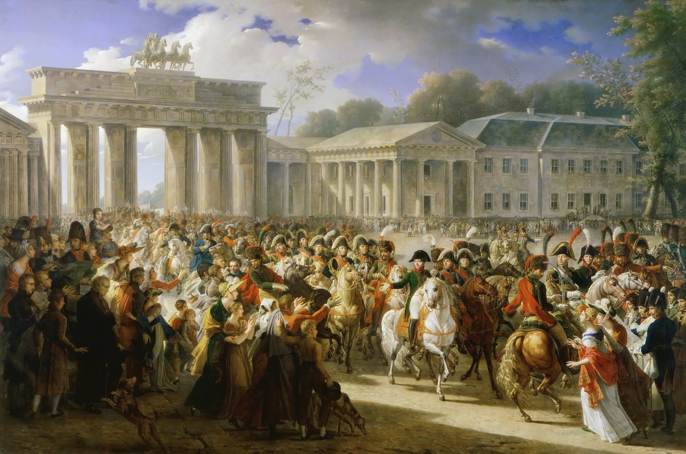 Obraz Napoleona na koniu ze sztabem przejeżdżającego przez Bramę Brandenburską przed tłumem