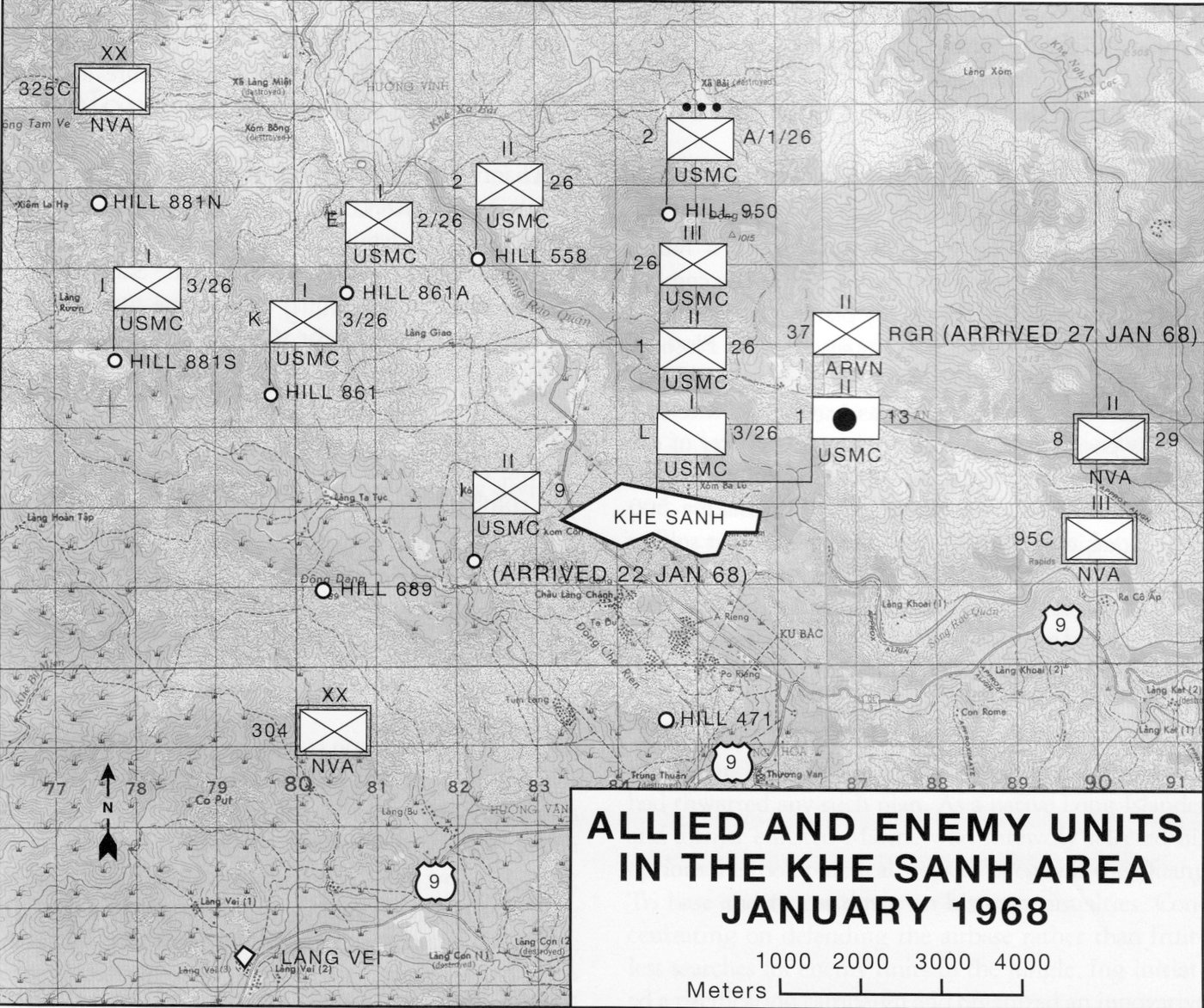 Military map of the Khe Sanh area with unit symbols on the surrounding hills