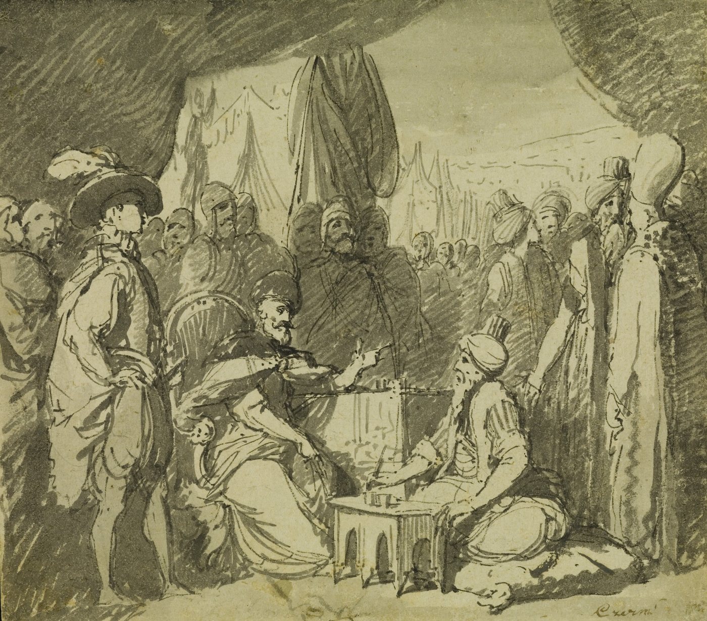 Sepia drawing of Polish nobles and Ottoman dignitaries meeting in a tent