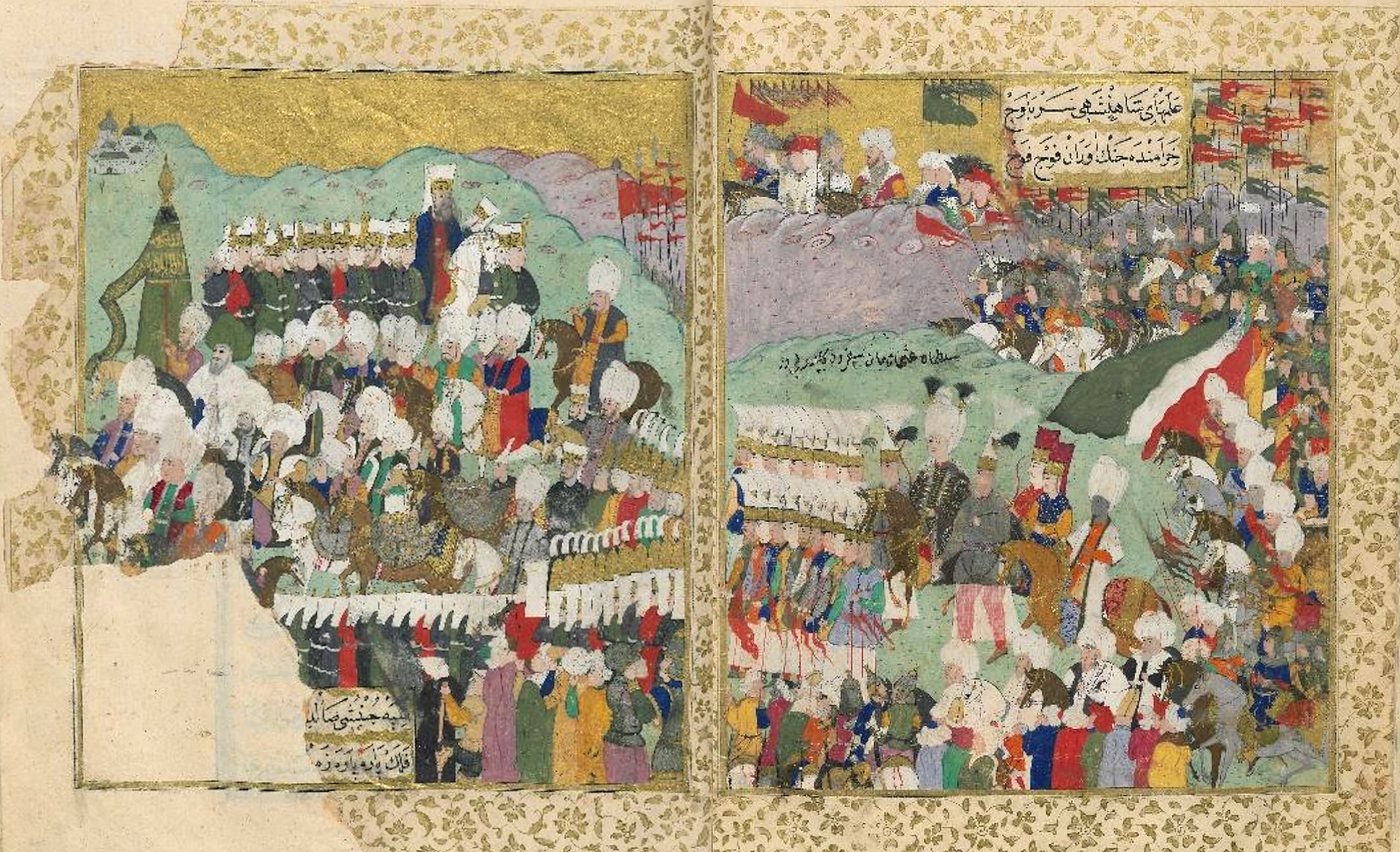 Double page Ottoman miniature of a sultan on horseback leading ranks of soldiers with banners