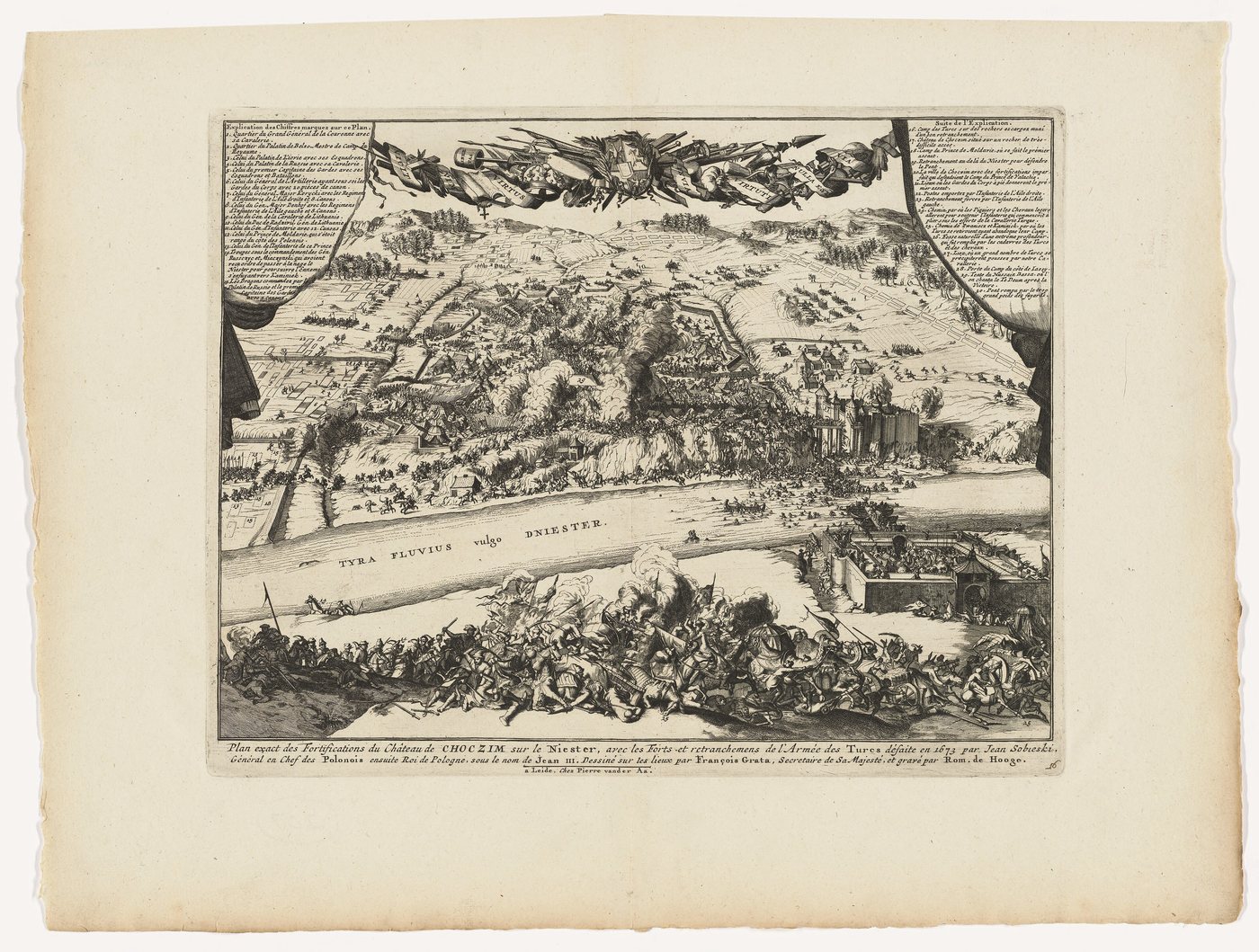 Engraved bird's-eye plan of a fortress and entrenched camp on a river with troops attacking