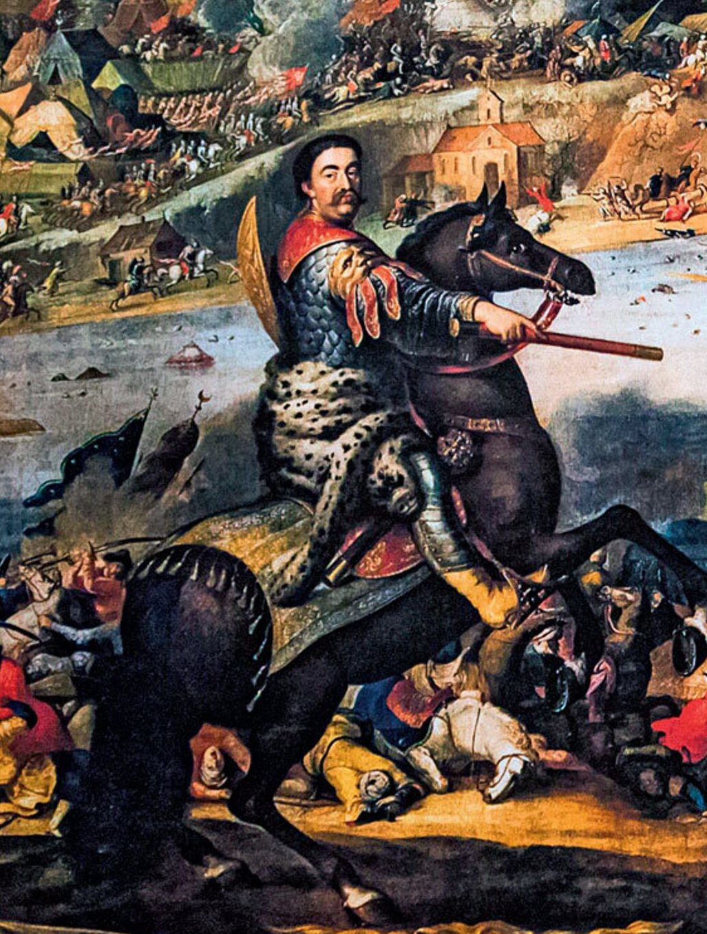 Painting of a commander in a leopard skin on a rearing black horse above a battlefield