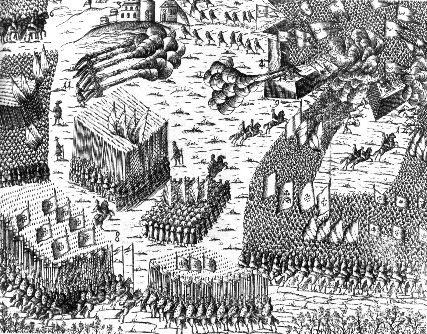 Woodcut of massed infantry with banners and cannon smoke assaulting an entrenched camp