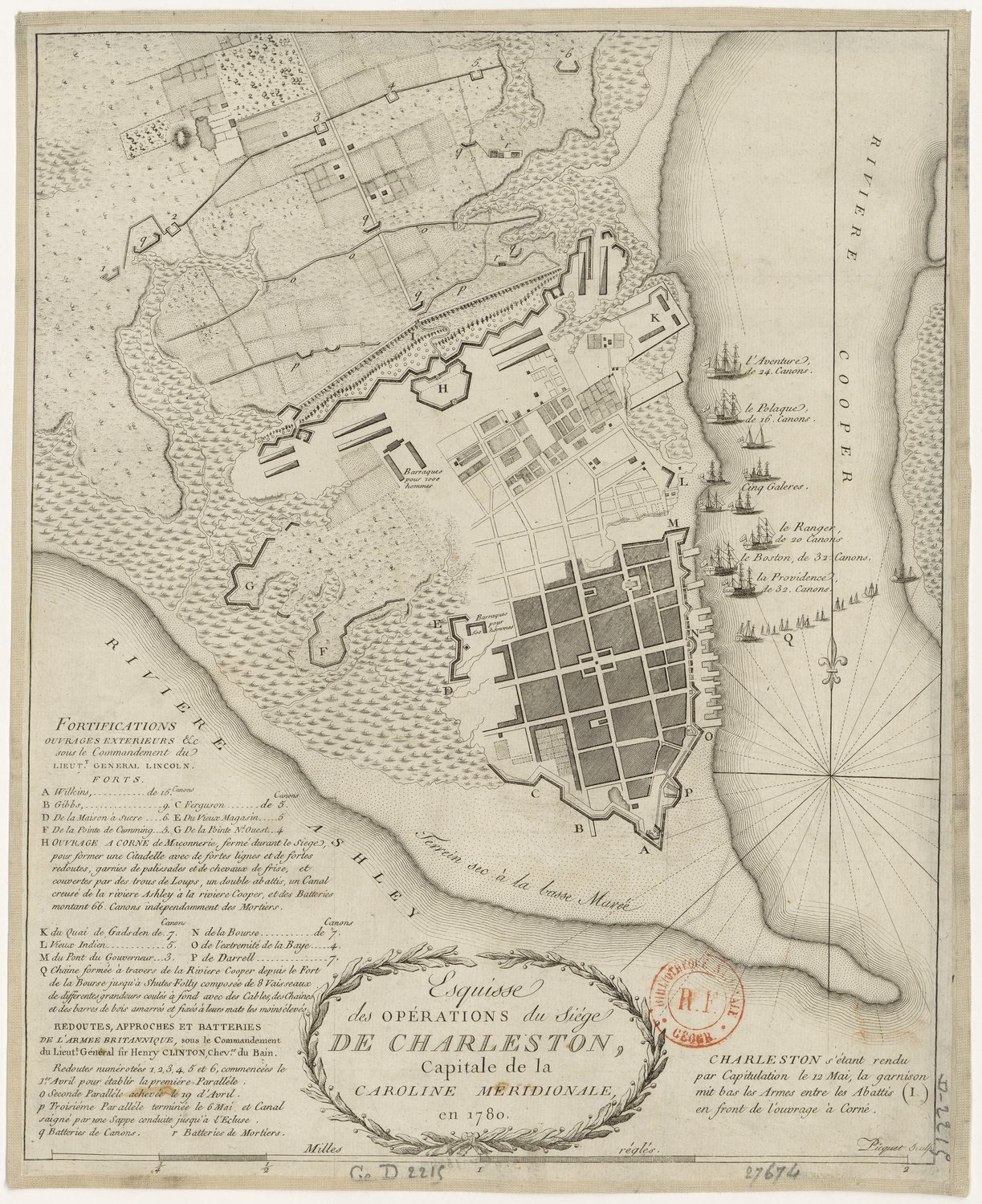 Eighteenth-century map of the Charleston peninsula with siege lines and warships in the harbour