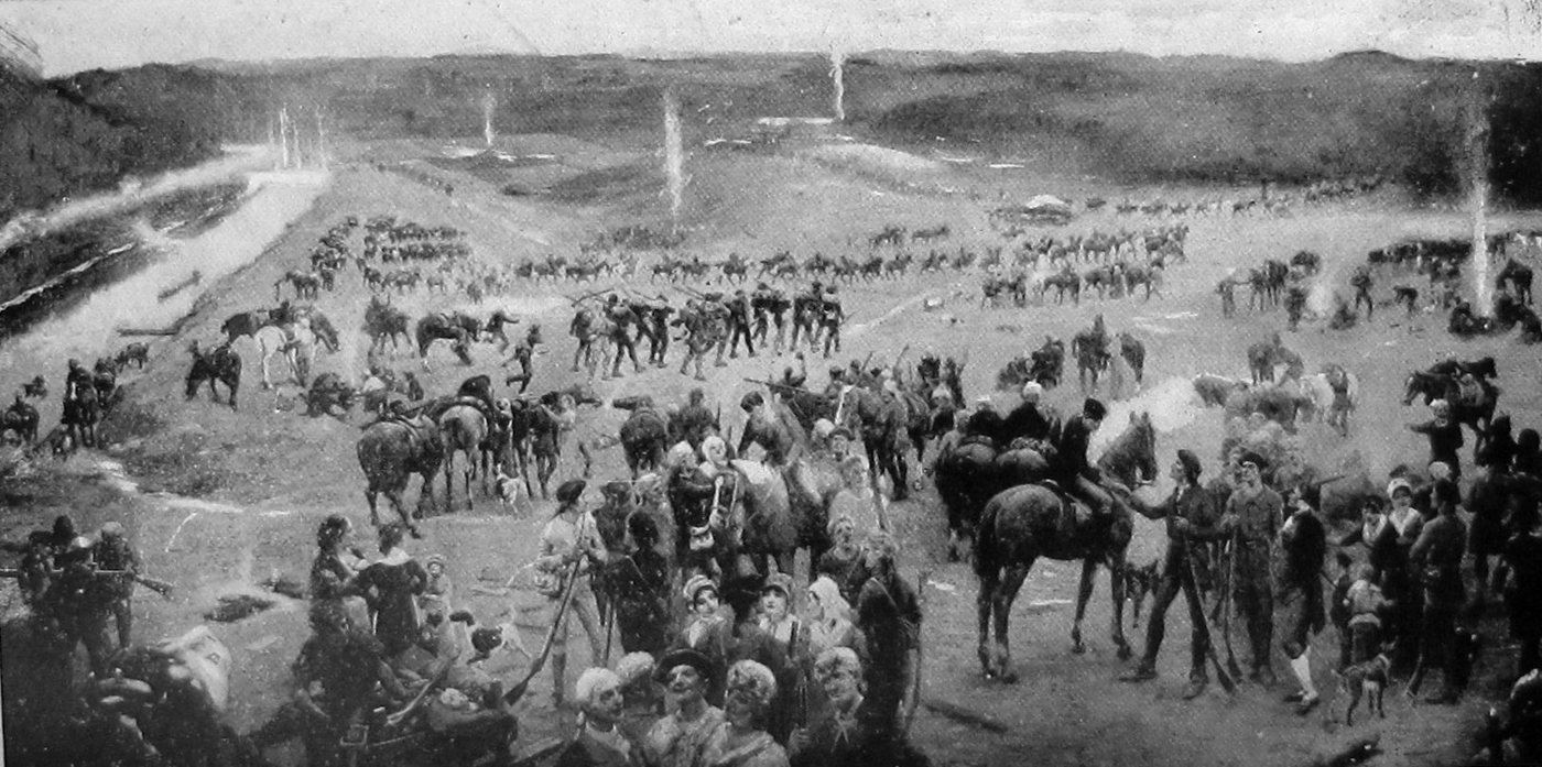 Black and white reproduction of a painting of a large crowd of frontiersmen and horses in a valley