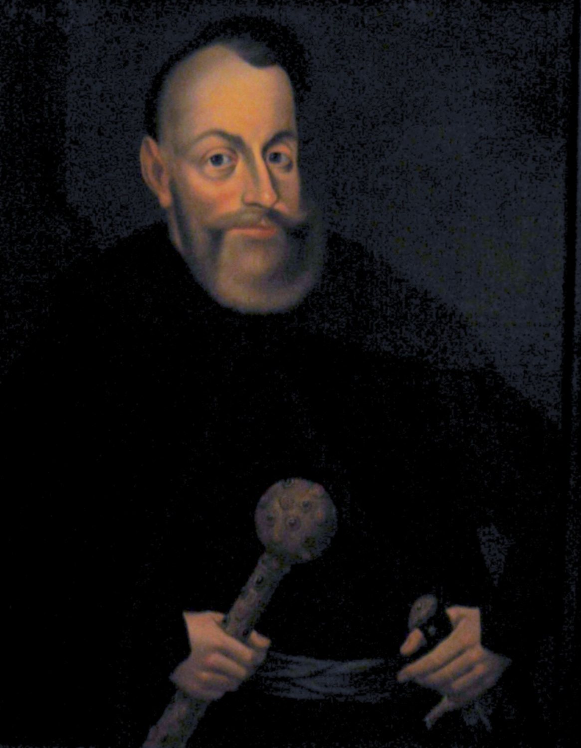 Portrait of a grey-bearded commander in dark clothes holding a mace