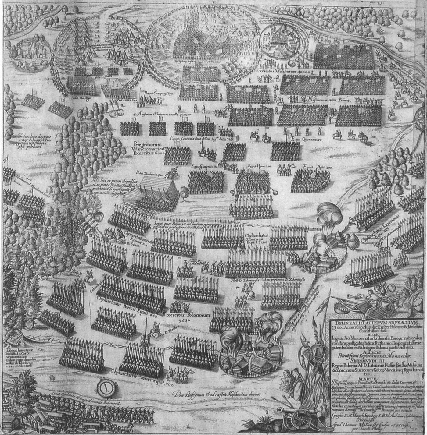 Black and white engraving showing a bird's-eye plan of massed troop formations, tents and woods