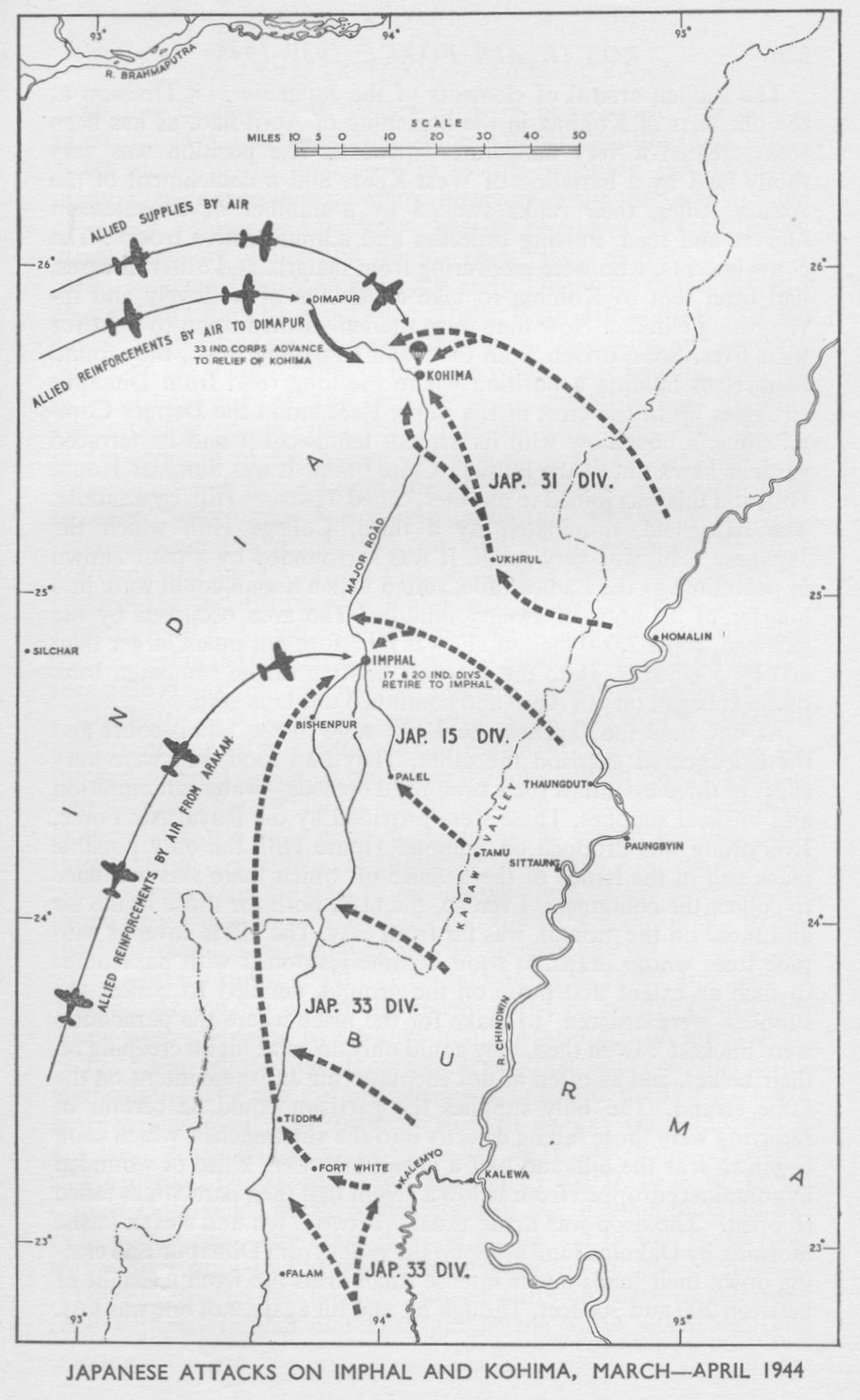 Black and white map of the India and Burma border with arrows marking Japanese divisions advancing