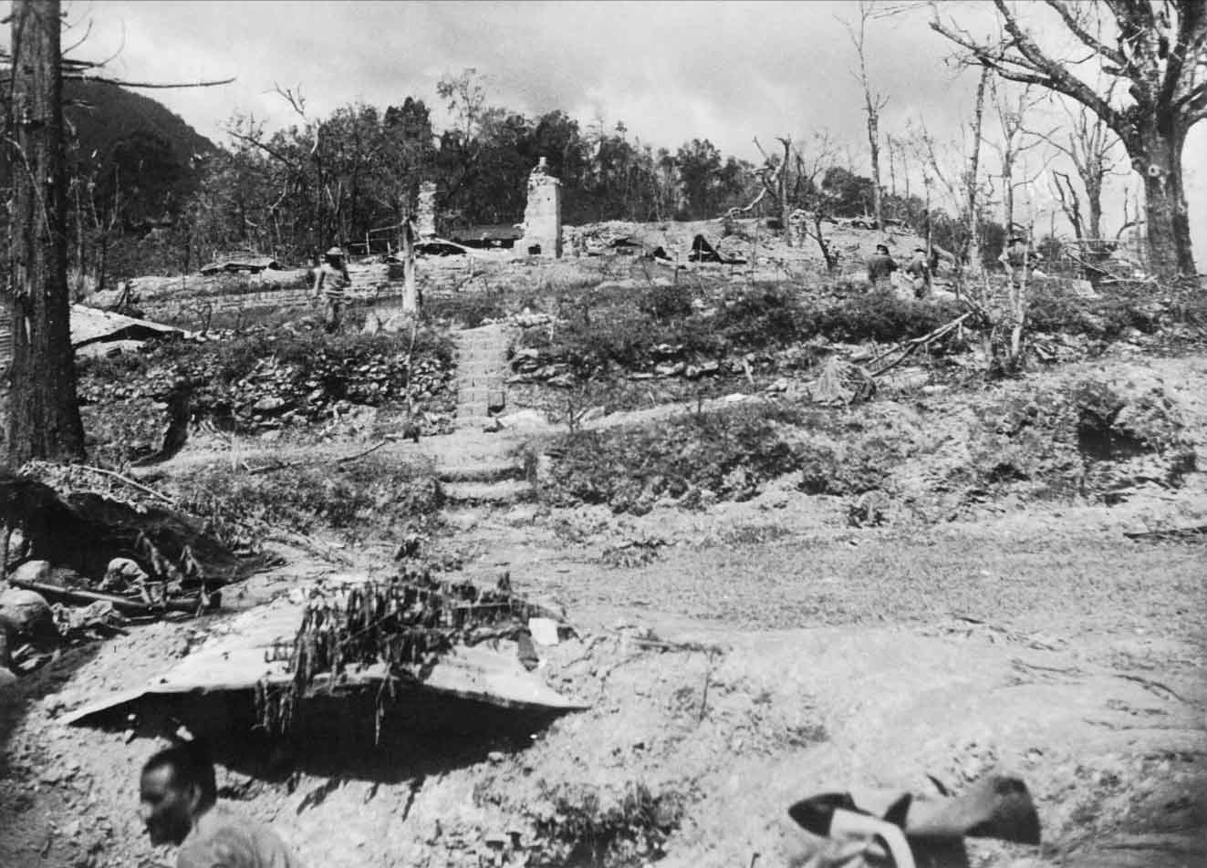 Shattered terraced hillside with broken trees, ruins and a flight of steps
