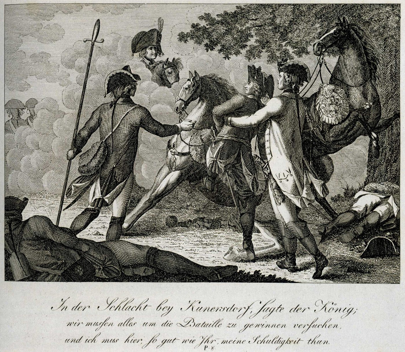 Etching of Frederick the Great on foot in the smoke of battle, an officer holding his arm, a horse rearing under a tree, a soldier with a halberd and dead men on the ground, with a German caption below