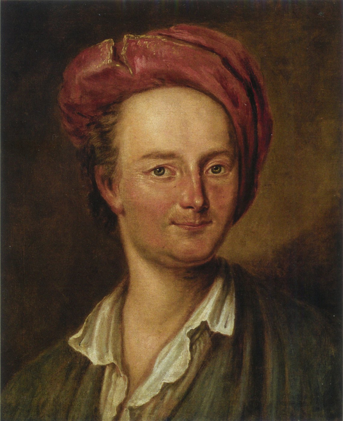 Oil portrait of a smiling young man with a round face, wearing a red turban-like cap, an open white collar and a green coat, against a dark brown background