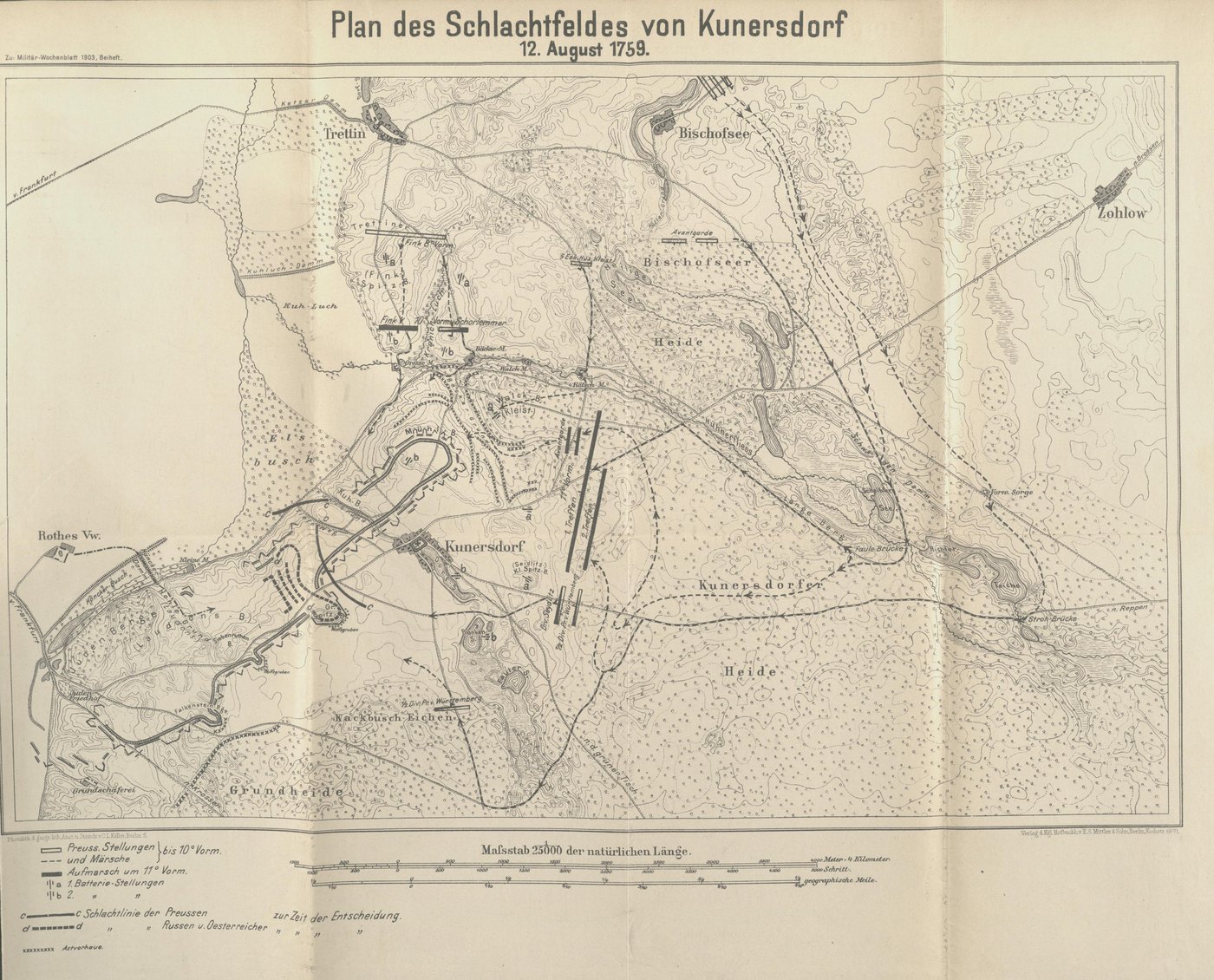 Old printed military map titled Plan des Schlachtfeldes von Kunersdorf 12. August 1759, showing the village of Kunersdorf, lakes, woods and heaths, with Prussian lines and march routes, the allied lines and a legend and scale bar at the bottom