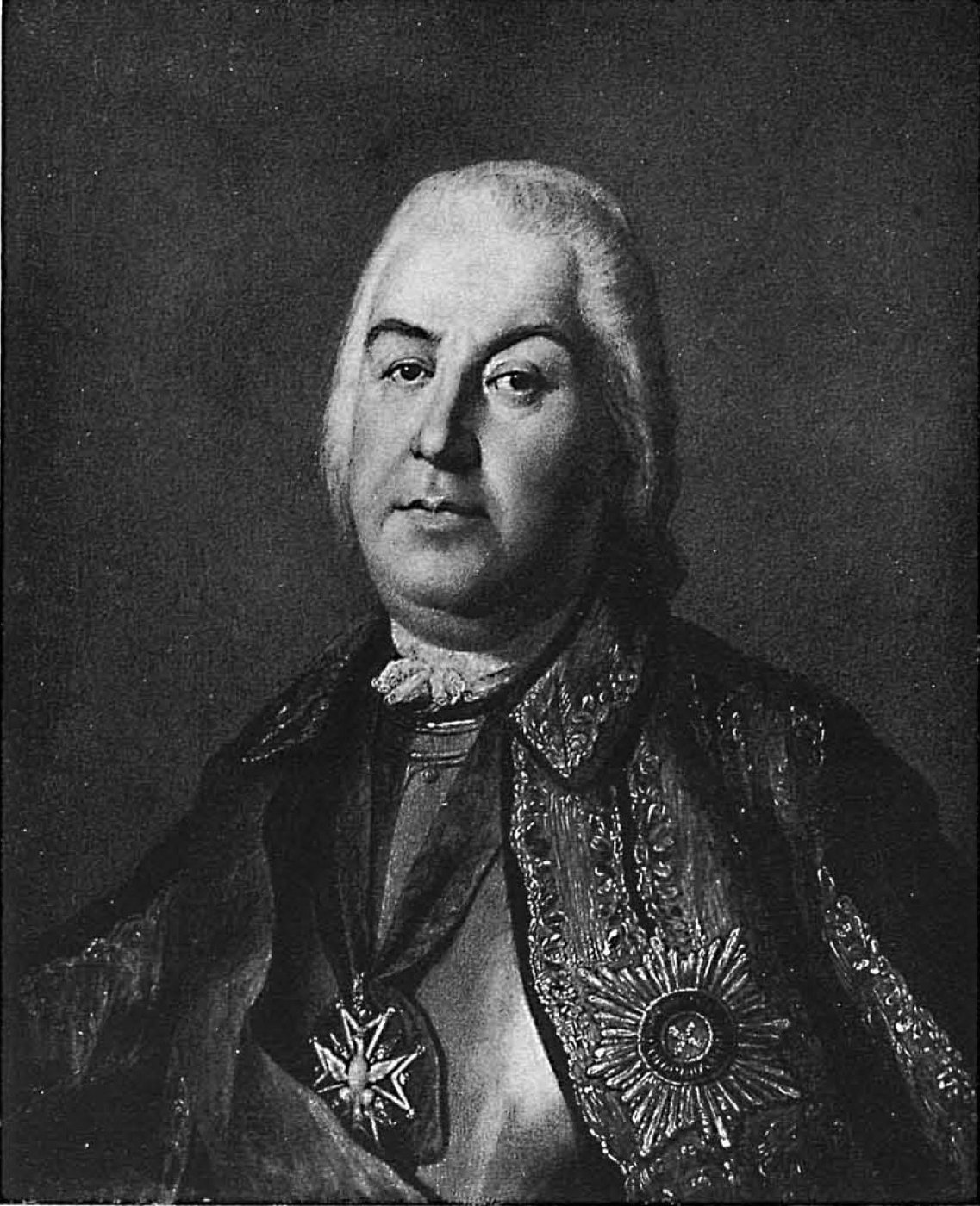 Black and white reproduction of a painted portrait of a heavy-set older man in a white powdered wig, an embroidered coat and a breastplate, wearing a star and a cross of chivalric orders