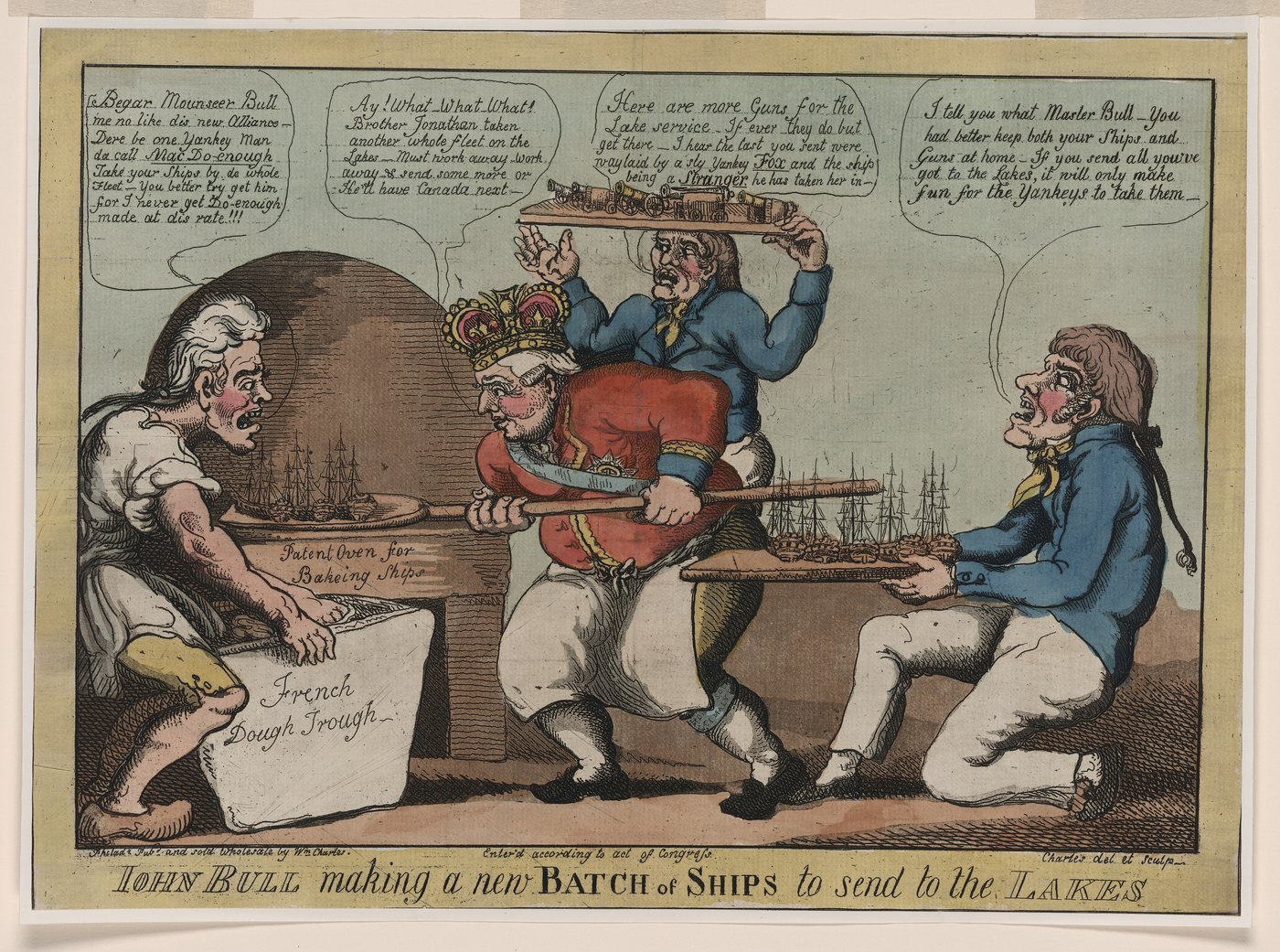 Coloured cartoon of John Bull and a baker pulling small model warships out of an oven