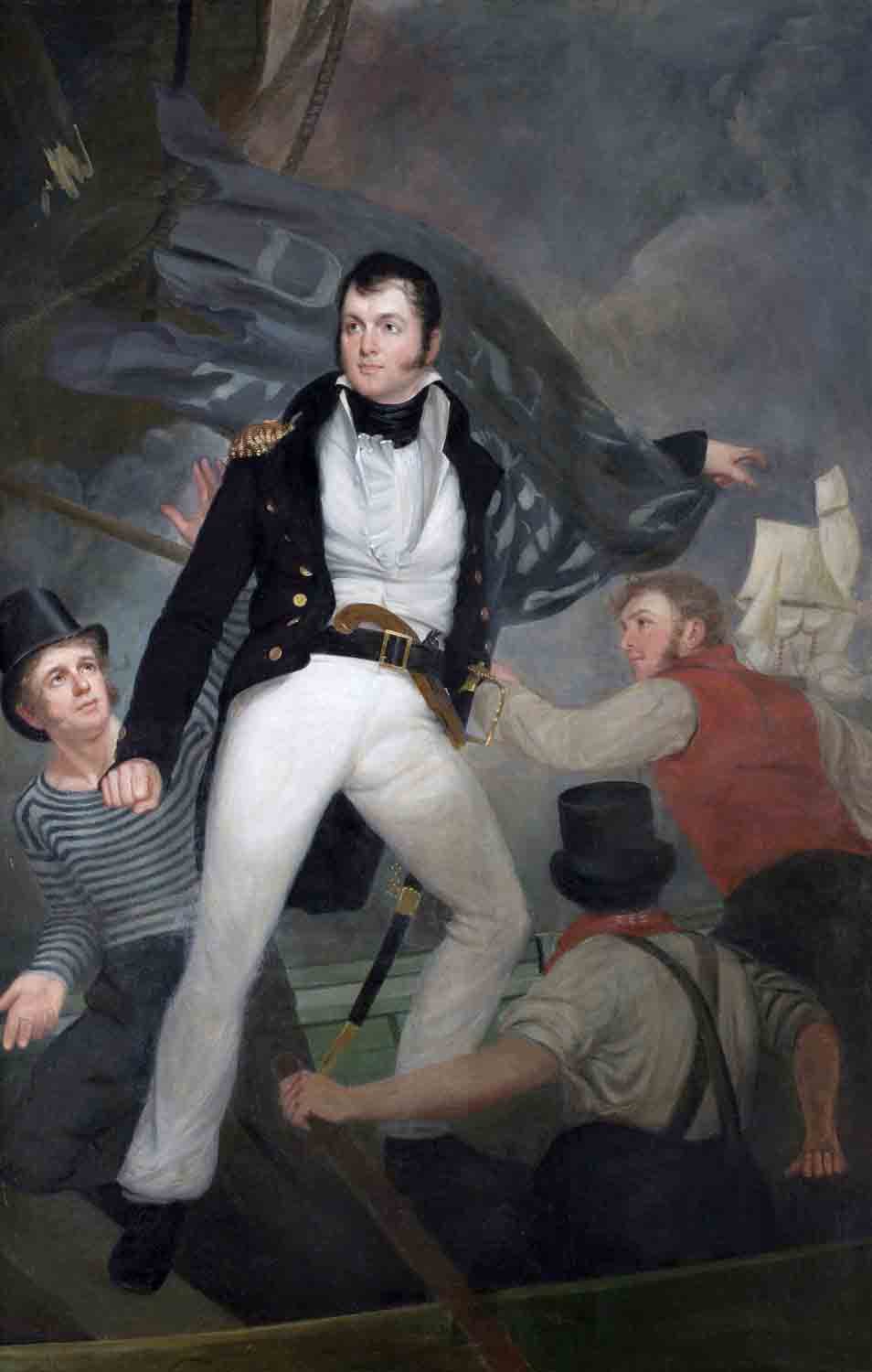 Portrait of Oliver Hazard Perry in naval uniform standing in a rowing boat with sailors
